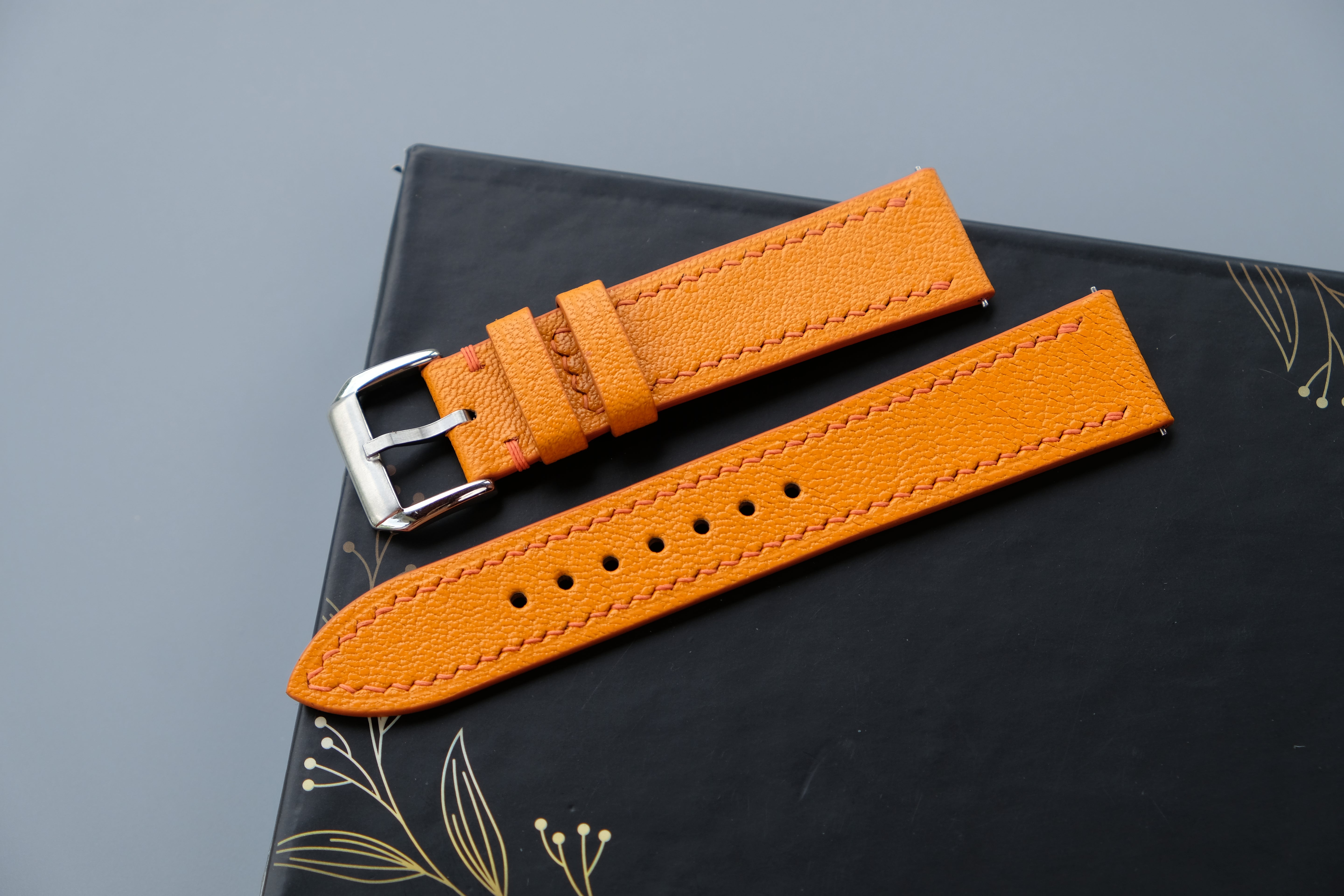 Handmade Orange Goat Leather Watch Strap | Chevre Sully French Leather | Custom Sizes 26mm–12mm | Quick Release Optional