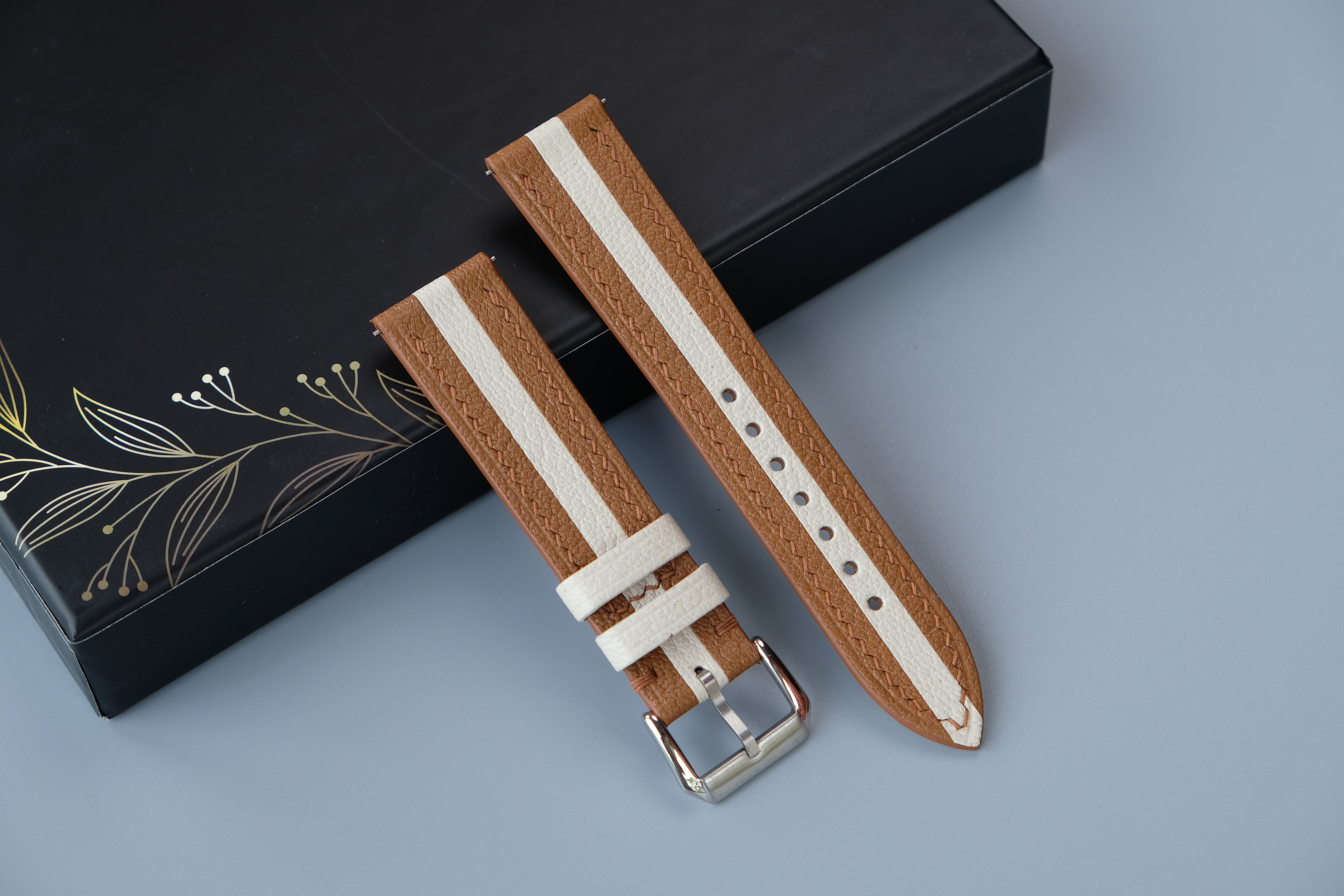 Golden Tan & Cream Two-Tone Leather Watch Strap | Chevre Sully French Leather | Custom Sizes 26mm–16mm | Quick Release Optional