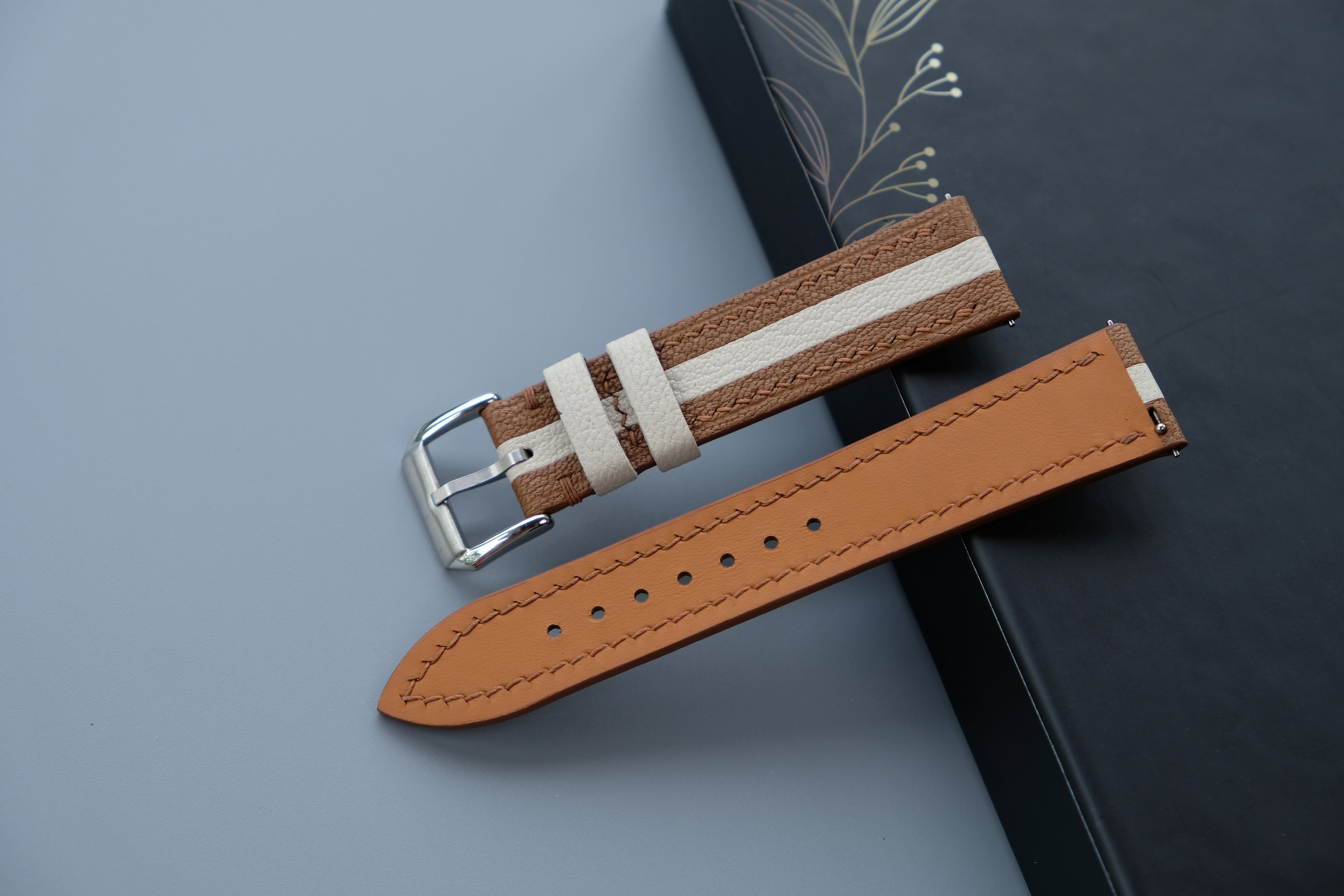 Golden Tan & Cream Two-Tone Leather Watch Strap | Chevre Sully French Leather | Custom Sizes 26mm–16mm | Quick Release Optional