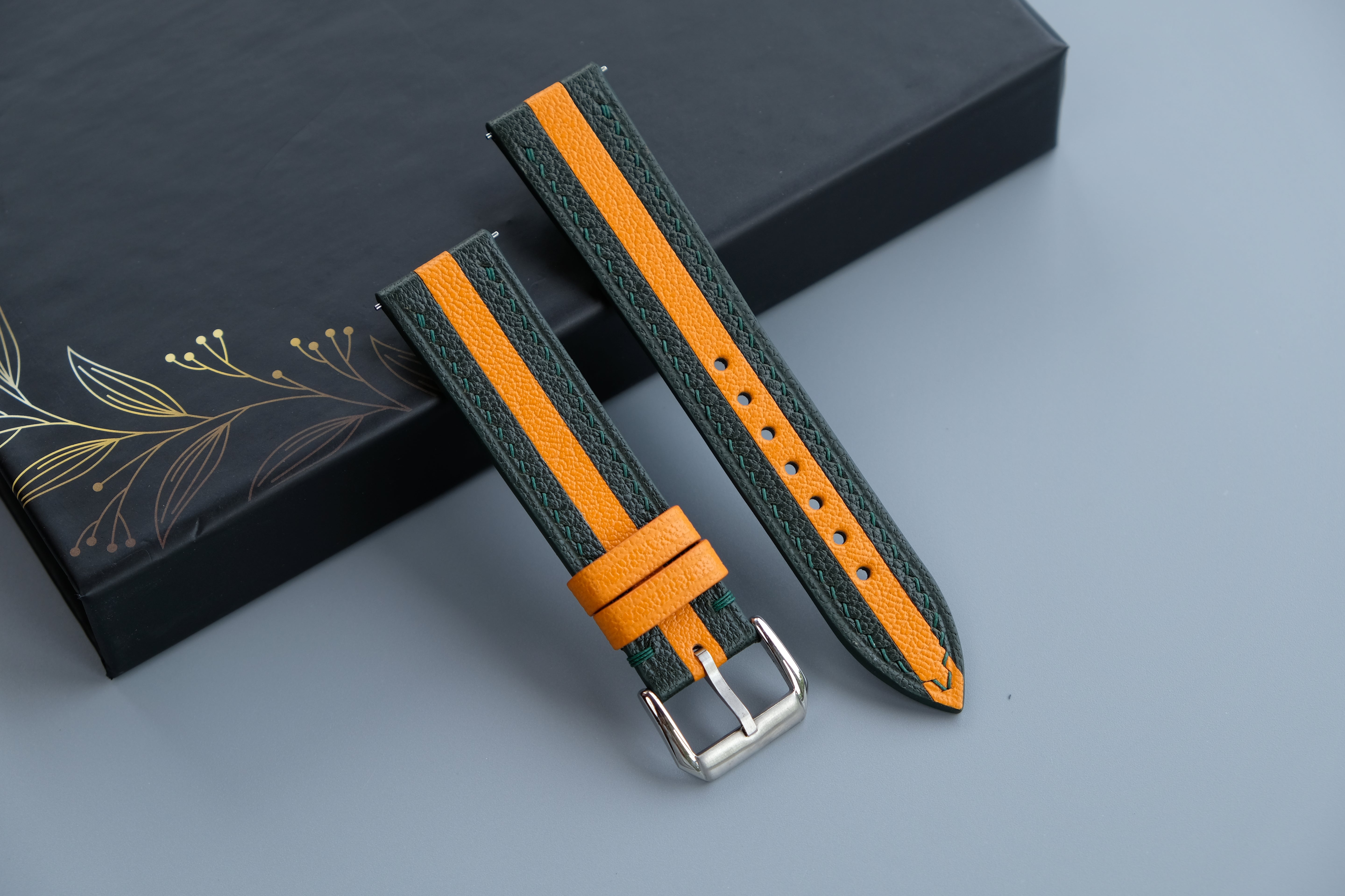 Two-Tone Dark Green and Orange Leather Watch Strap | Chevre Sully French Leather | Handmade | Custom Sizes 26mm–16mm