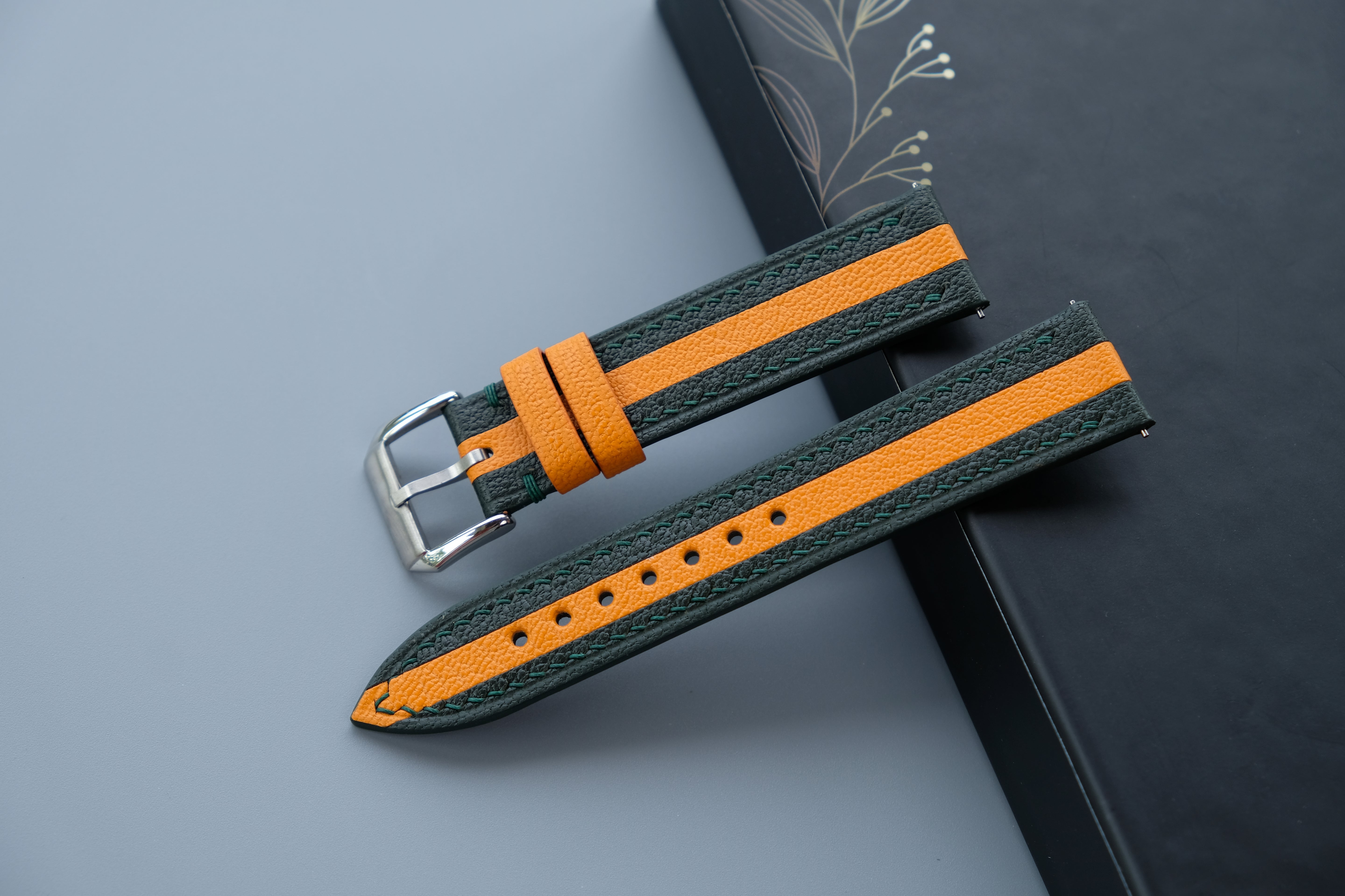 Two-Tone Dark Green and Orange Leather Watch Strap | Chevre Sully French Leather | Handmade | Custom Sizes 26mm–16mm