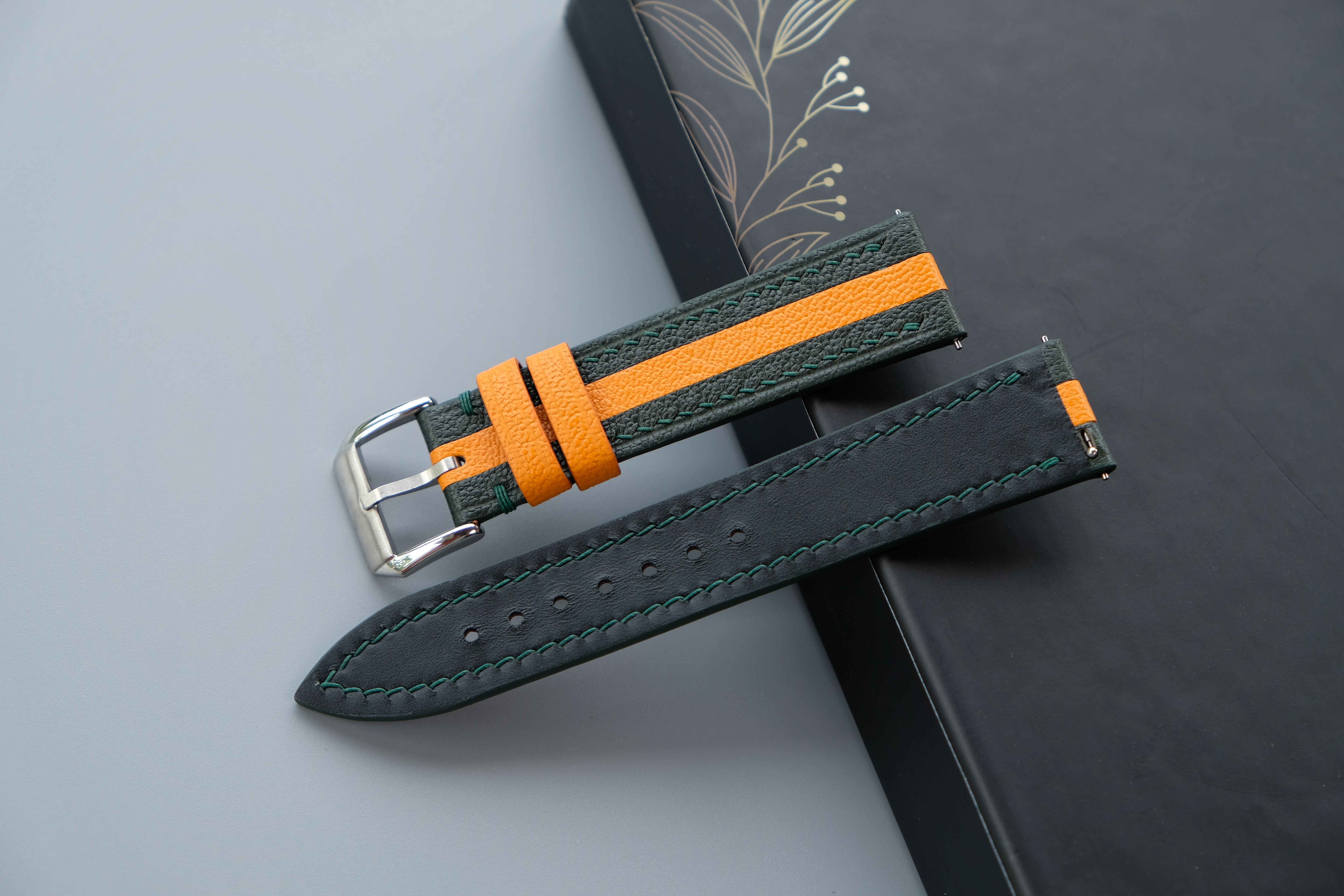 Two-Tone Dark Green and Orange Leather Watch Strap | Chevre Sully French Leather | Handmade | Custom Sizes 26mm–16mm