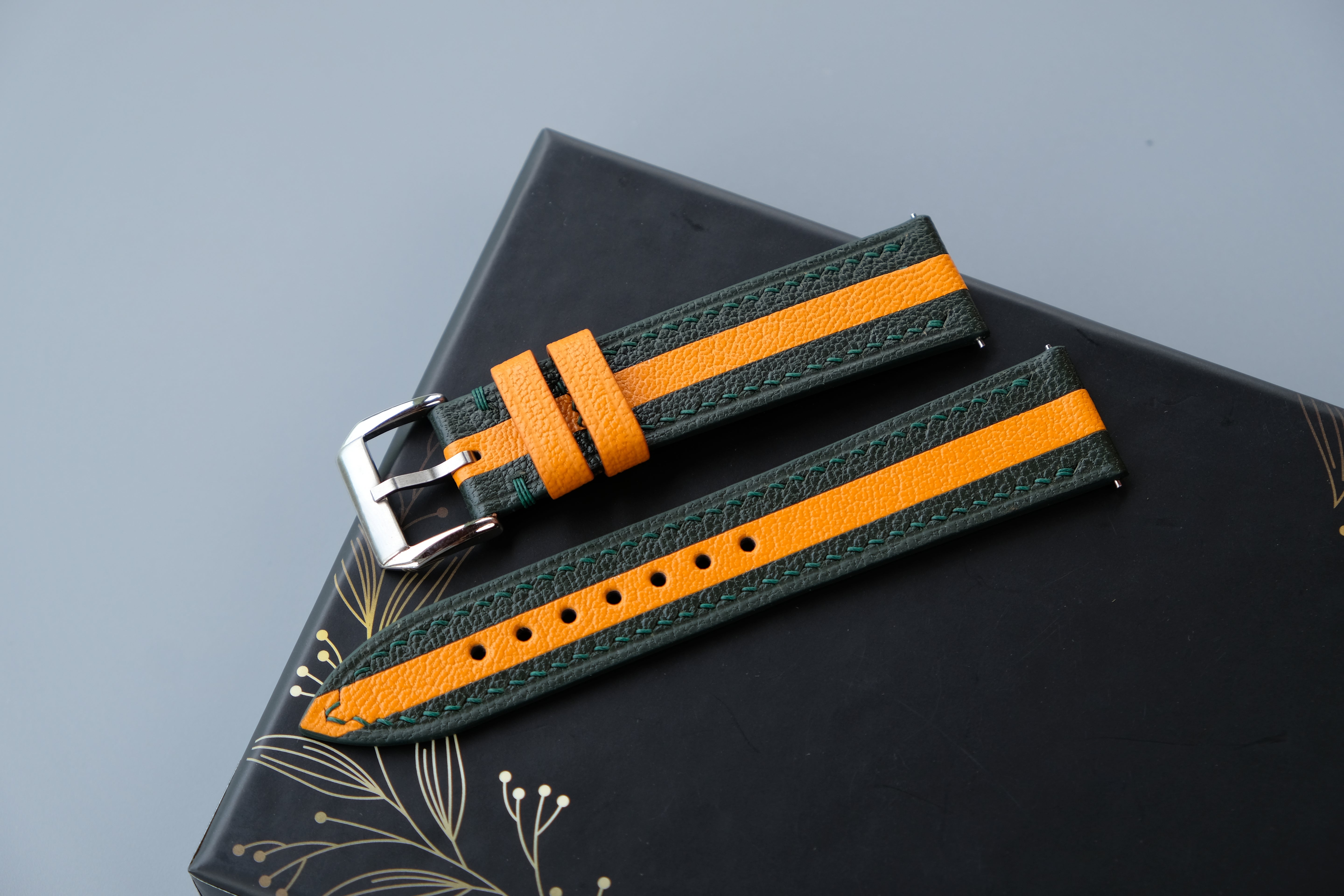 Two-Tone Dark Green and Orange Leather Watch Strap | Chevre Sully French Leather | Handmade | Custom Sizes 26mm–16mm