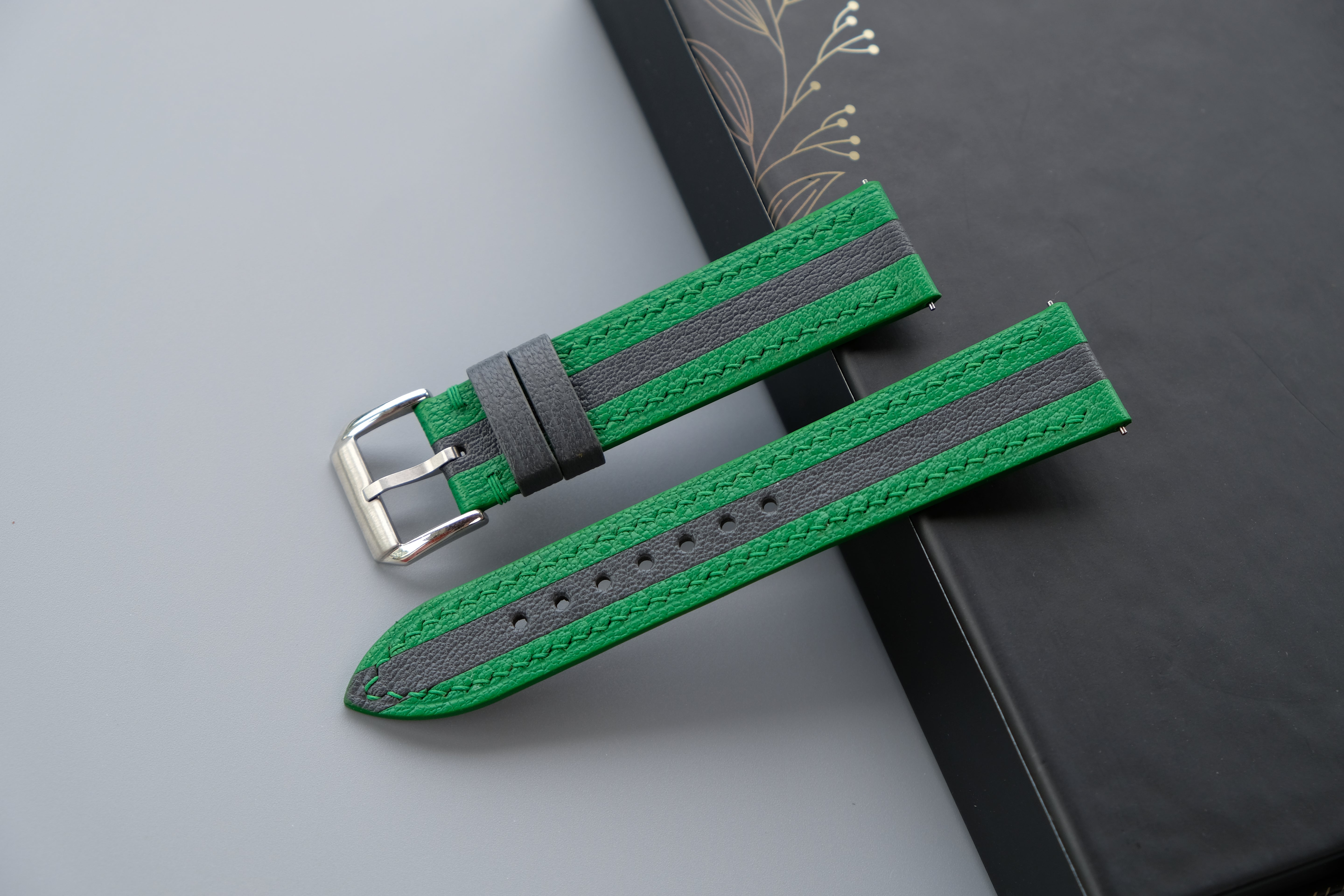 Green and Charcoal Gray Mix Watch Strap | Handmade Goat Leather | Chevre Sully French Leather | Custom Sizes 26mm–16mm