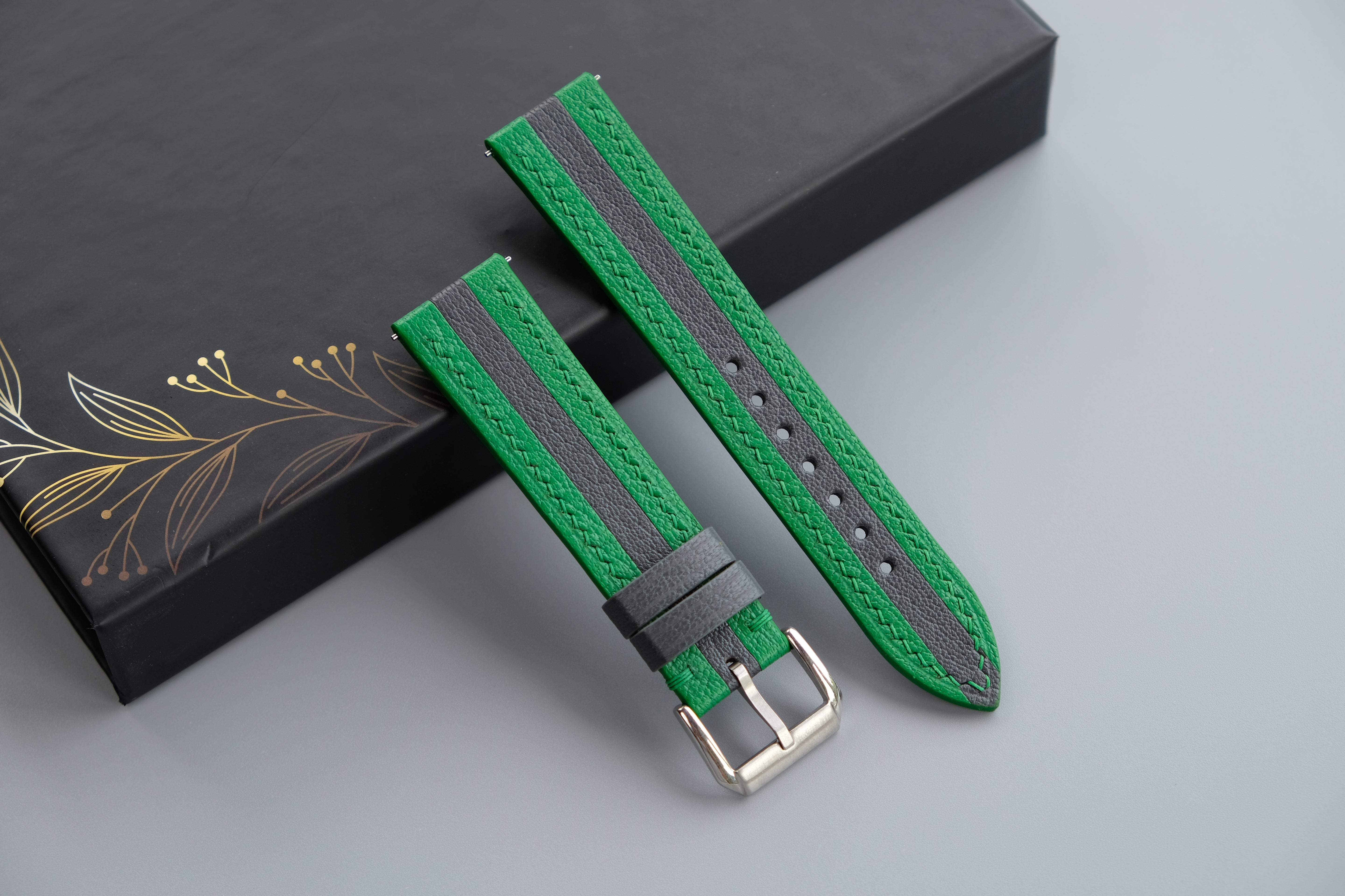 Green and Charcoal Gray Mix Watch Strap | Handmade Goat Leather | Chevre Sully French Leather | Custom Sizes 26mm–16mm