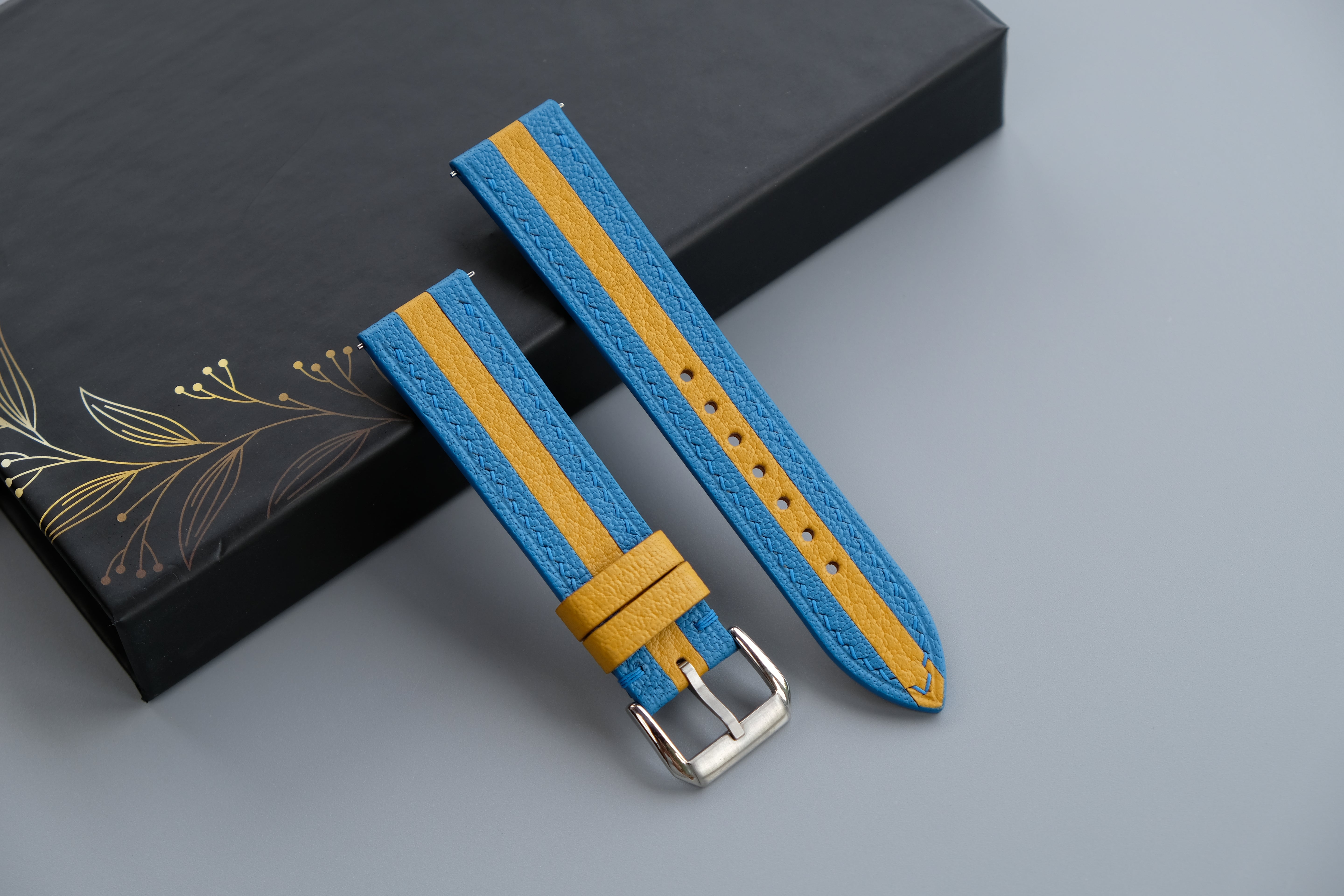 Two-Tone Light Blue and Yellow Leather Watch Strap | Chevre Sully French Leather | Handmade | Custom Sizes 26mm–16mm
