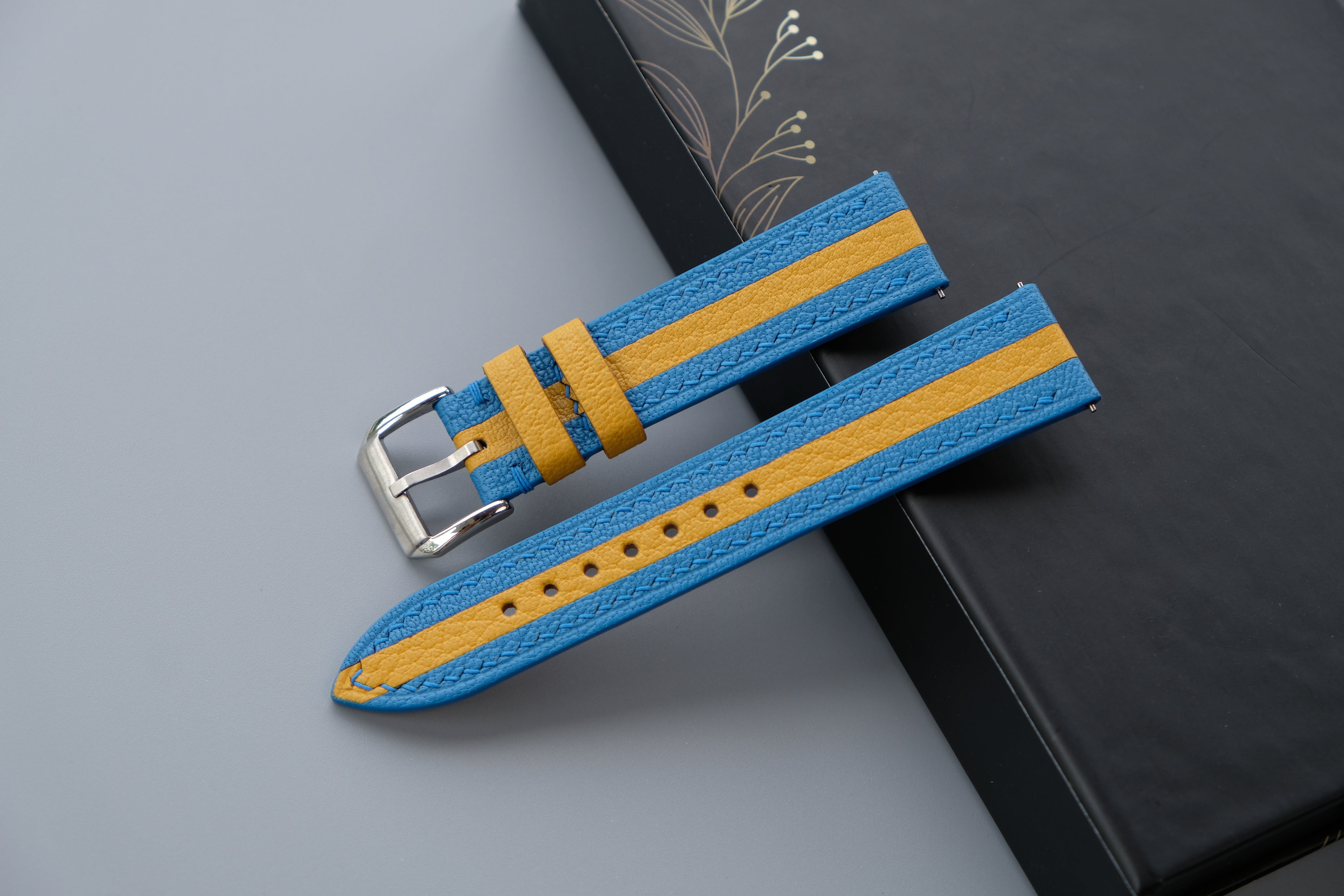 Two-Tone Light Blue and Yellow Leather Watch Strap | Chevre Sully French Leather | Handmade | Custom Sizes 26mm–16mm