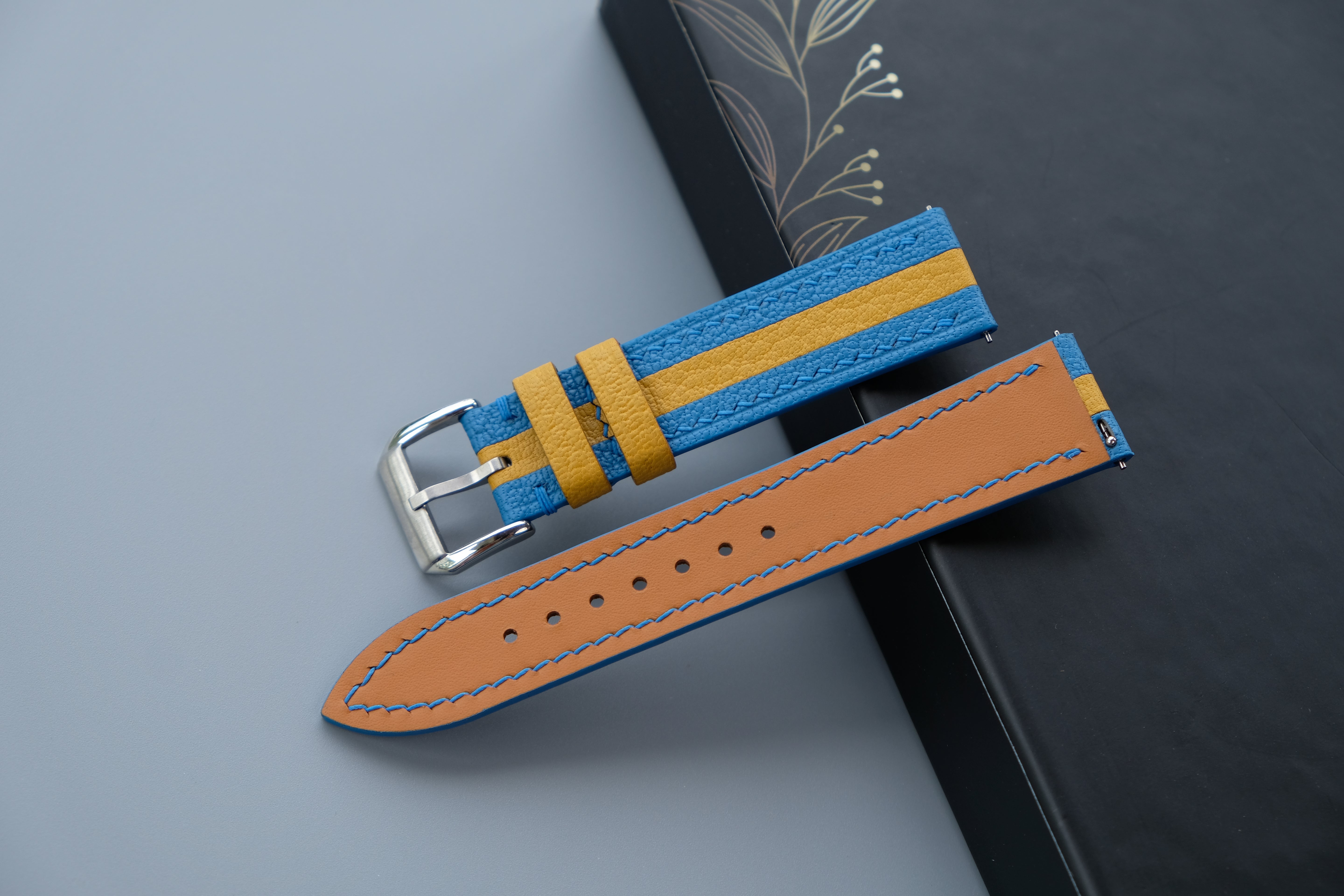 Two-Tone Light Blue and Yellow Leather Watch Strap | Chevre Sully French Leather | Handmade | Custom Sizes 26mm–16mm