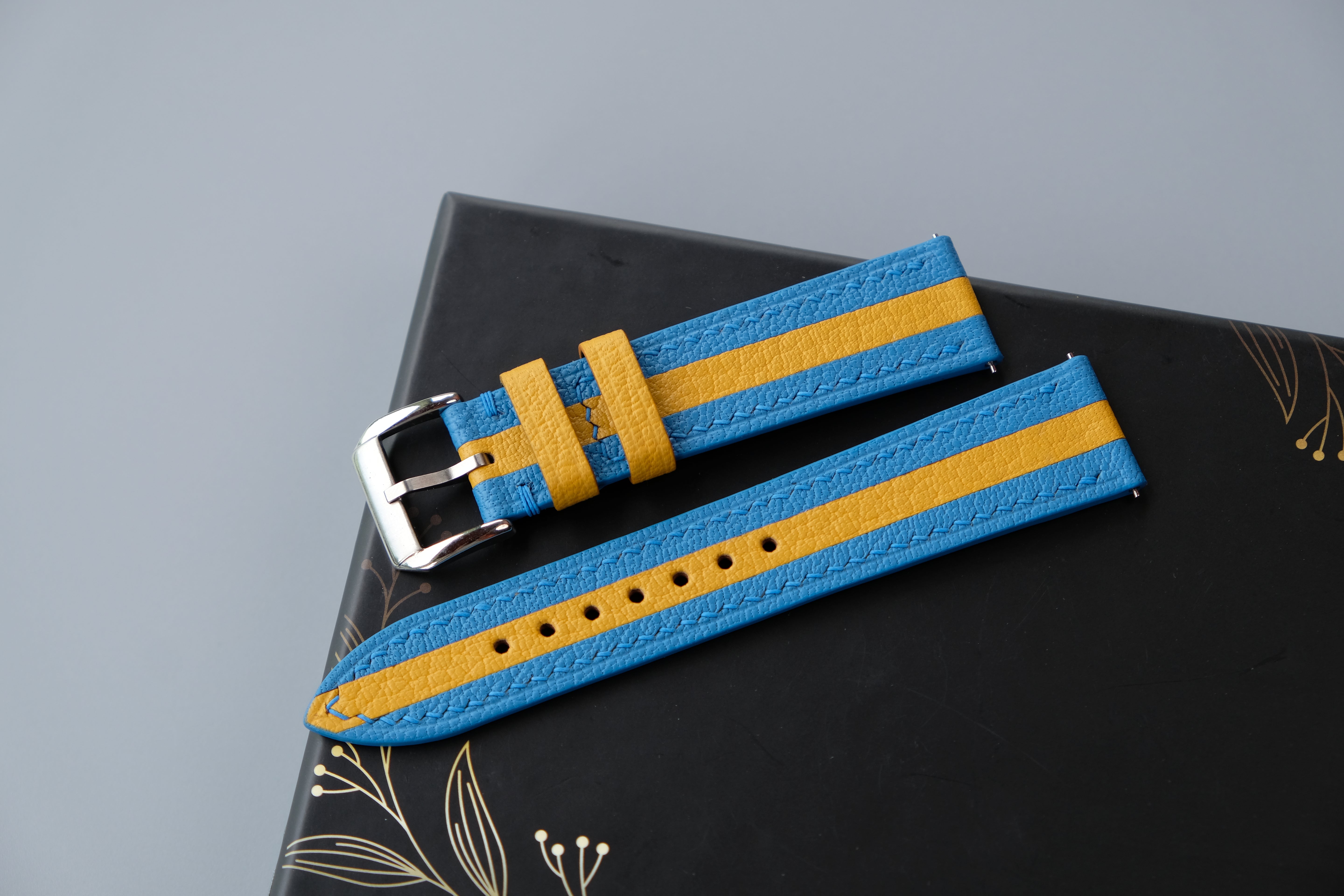 Two-Tone Light Blue and Yellow Leather Watch Strap | Chevre Sully French Leather | Handmade | Custom Sizes 26mm–16mm