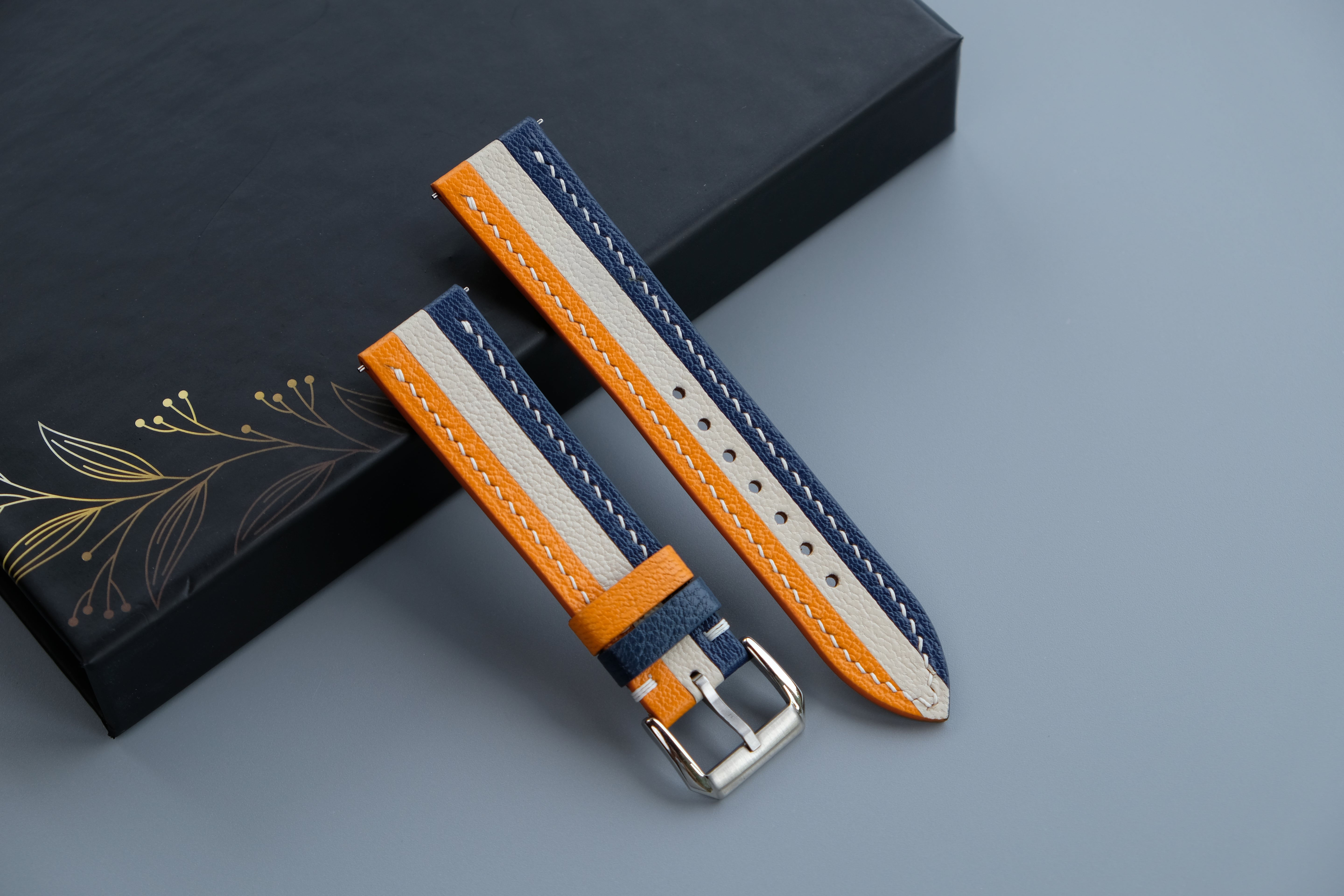 Triple-Tone Orange, Navy and Cream Watch Strap | Handmade Goat Leather | Chevre Sully French Leather | Custom Sizes 26mm–16mm