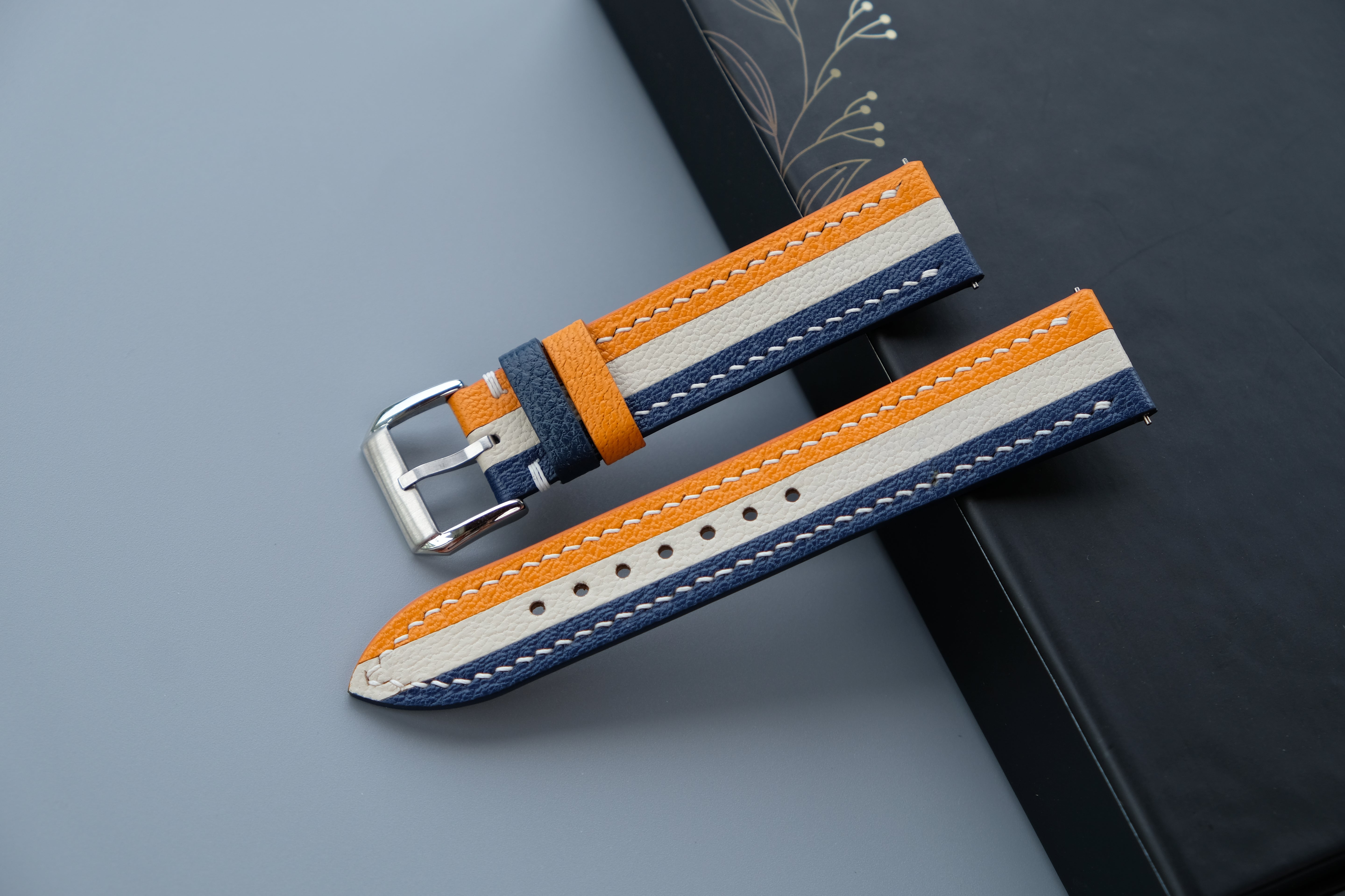 Triple-Tone Orange, Navy and Cream Watch Strap | Handmade Goat Leather | Chevre Sully French Leather | Custom Sizes 26mm–16mm
