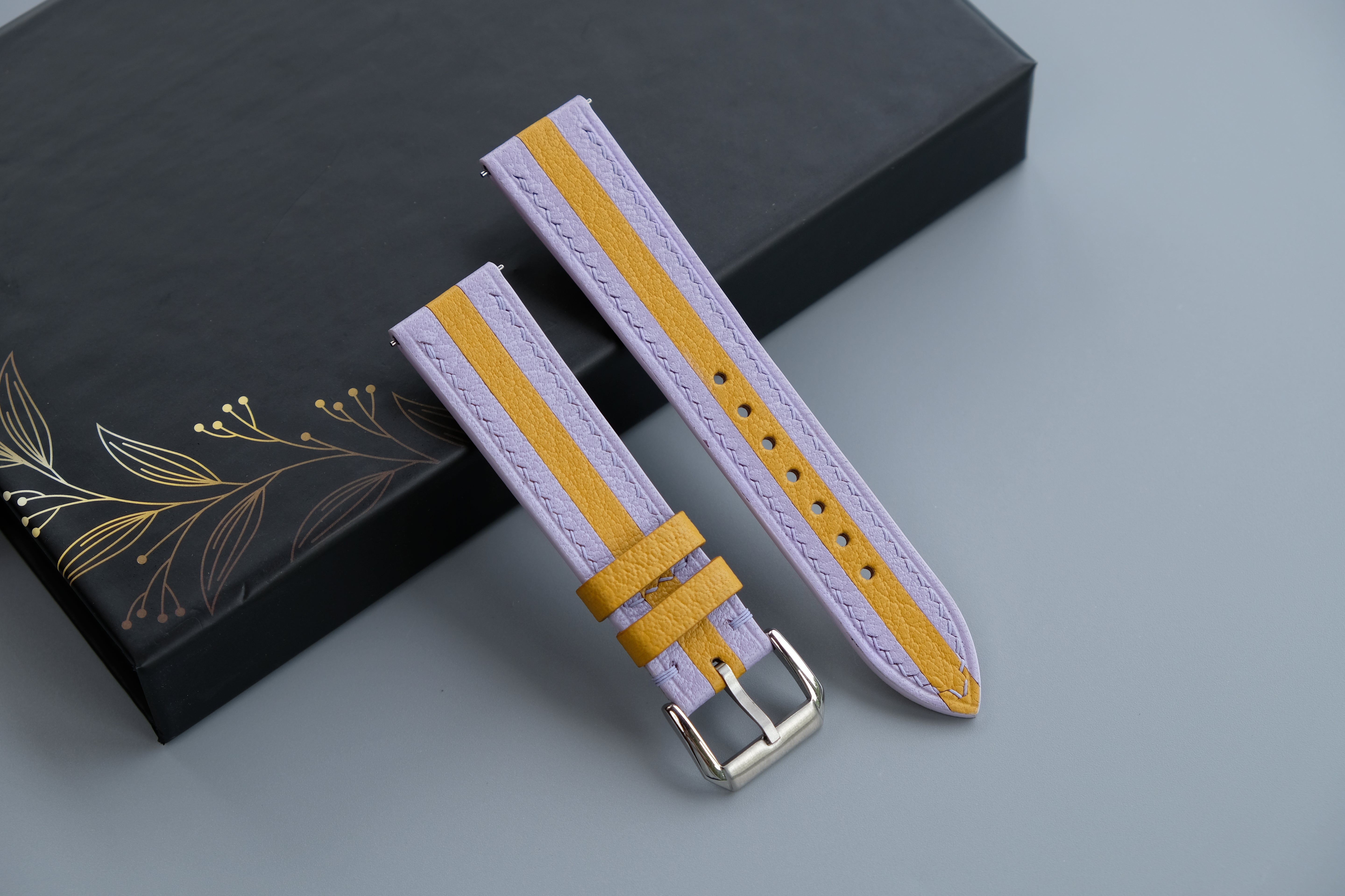 Two-Tone Lavender and Yellow Leather Watch Strap | Chevre Sully French Leather | Handmade | Custom Sizes 26mm–16mm