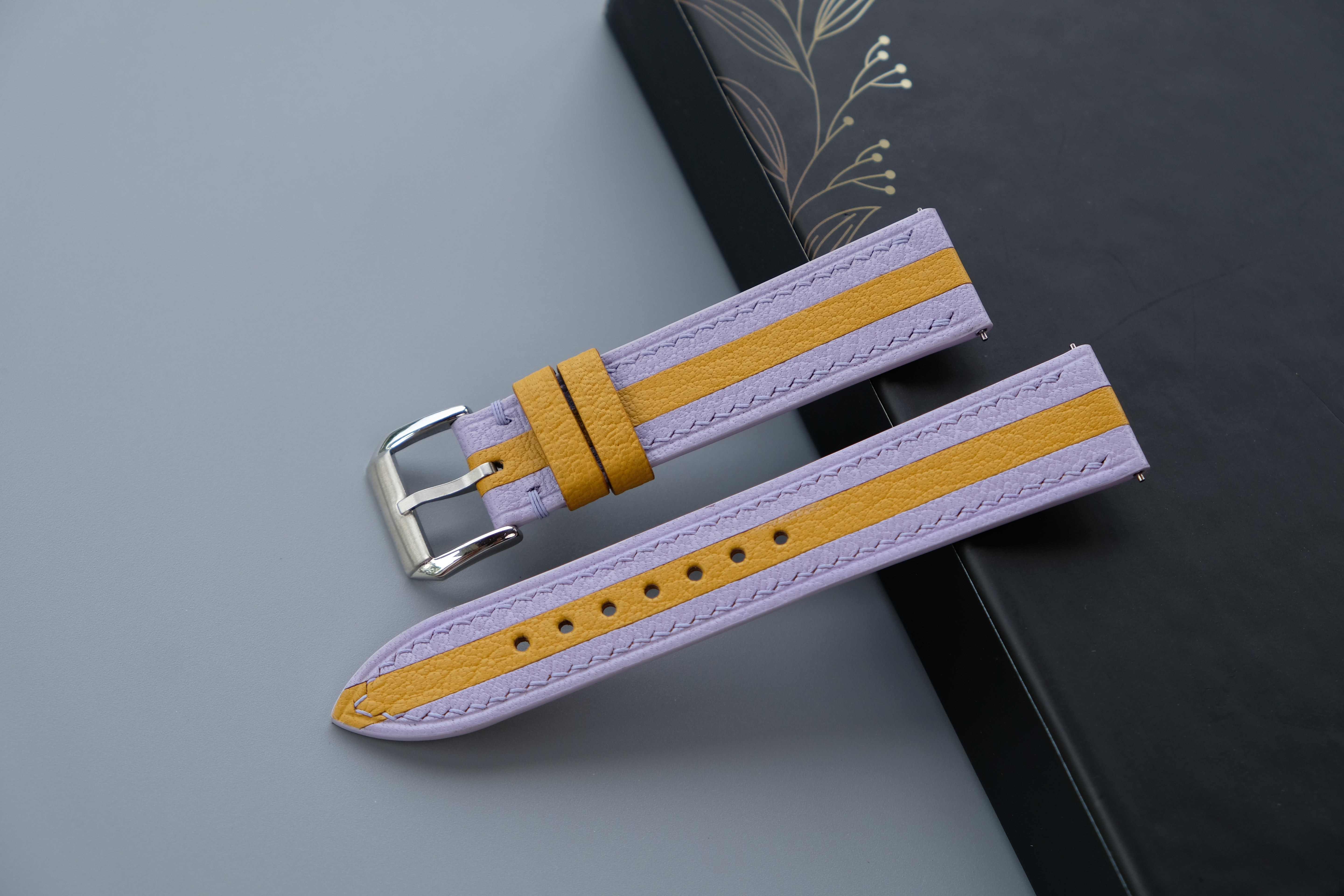 Two-Tone Lavender and Yellow Leather Watch Strap | Chevre Sully French Leather | Handmade | Custom Sizes 26mm–16mm