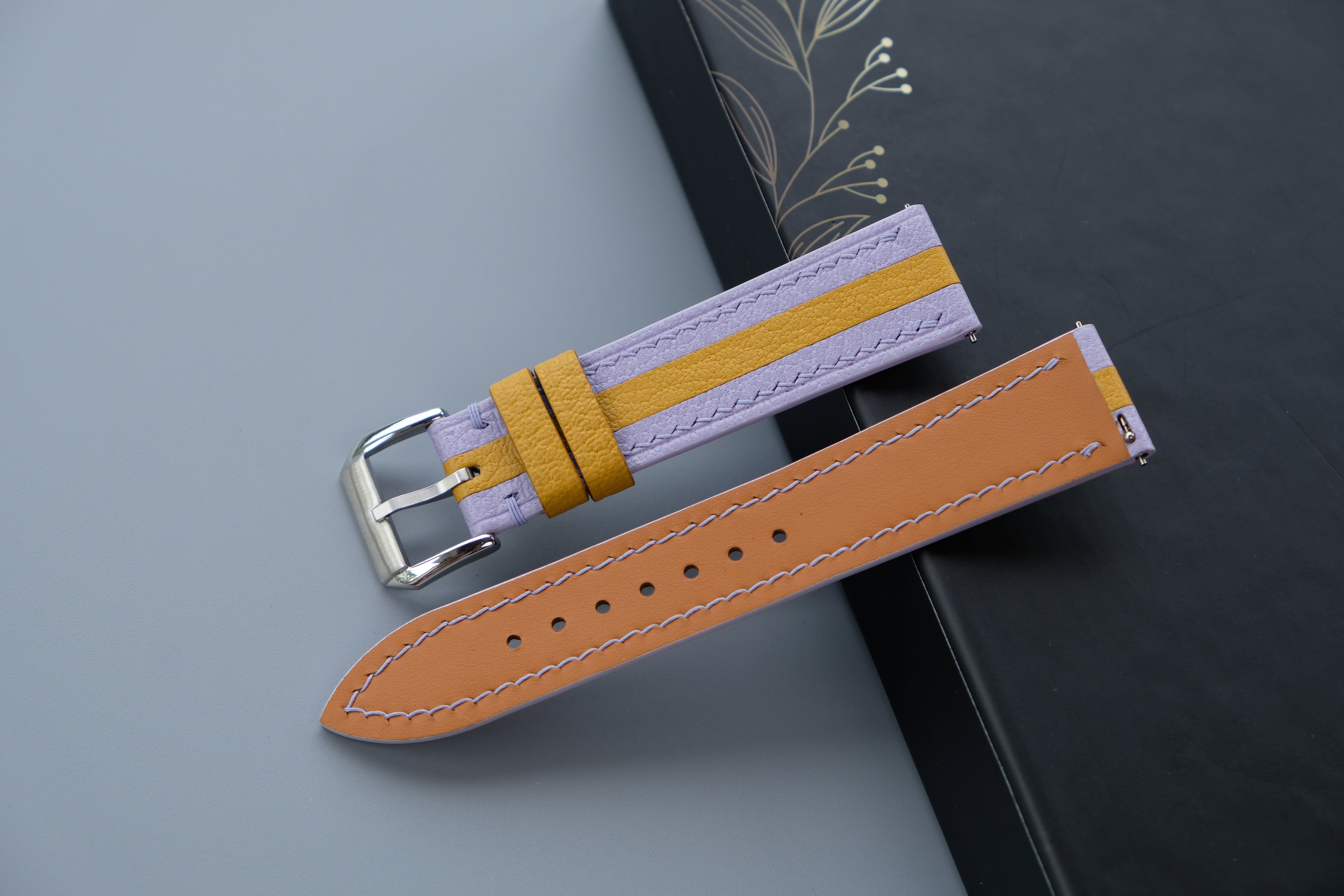 Two-Tone Lavender and Yellow Leather Watch Strap | Chevre Sully French Leather | Handmade | Custom Sizes 26mm–16mm