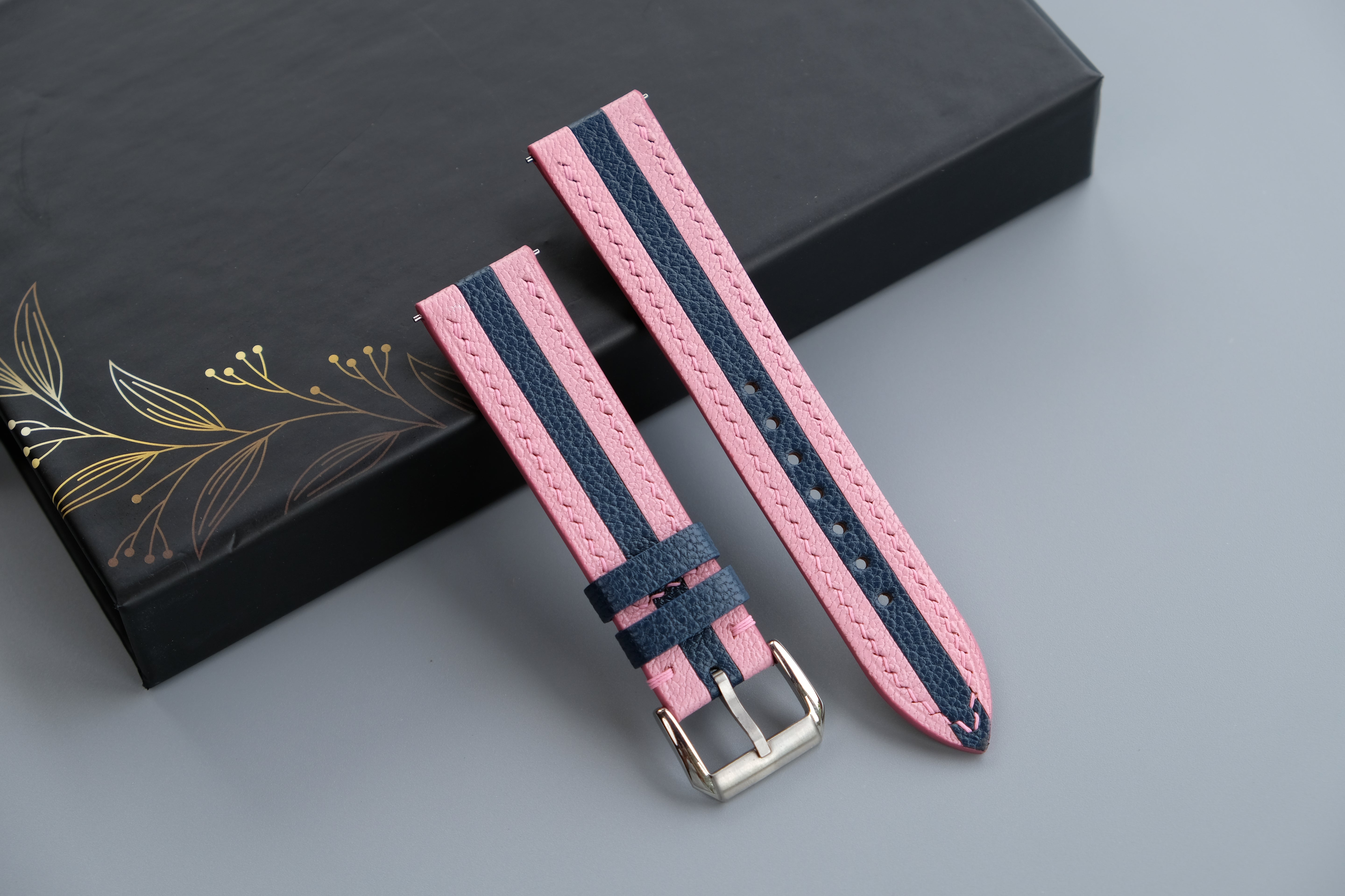 Two-Tone Pink and Navy Blue Leather Watch Strap | Chevre Sully French Leather | Handmade | Custom Sizes 26mm–16mm