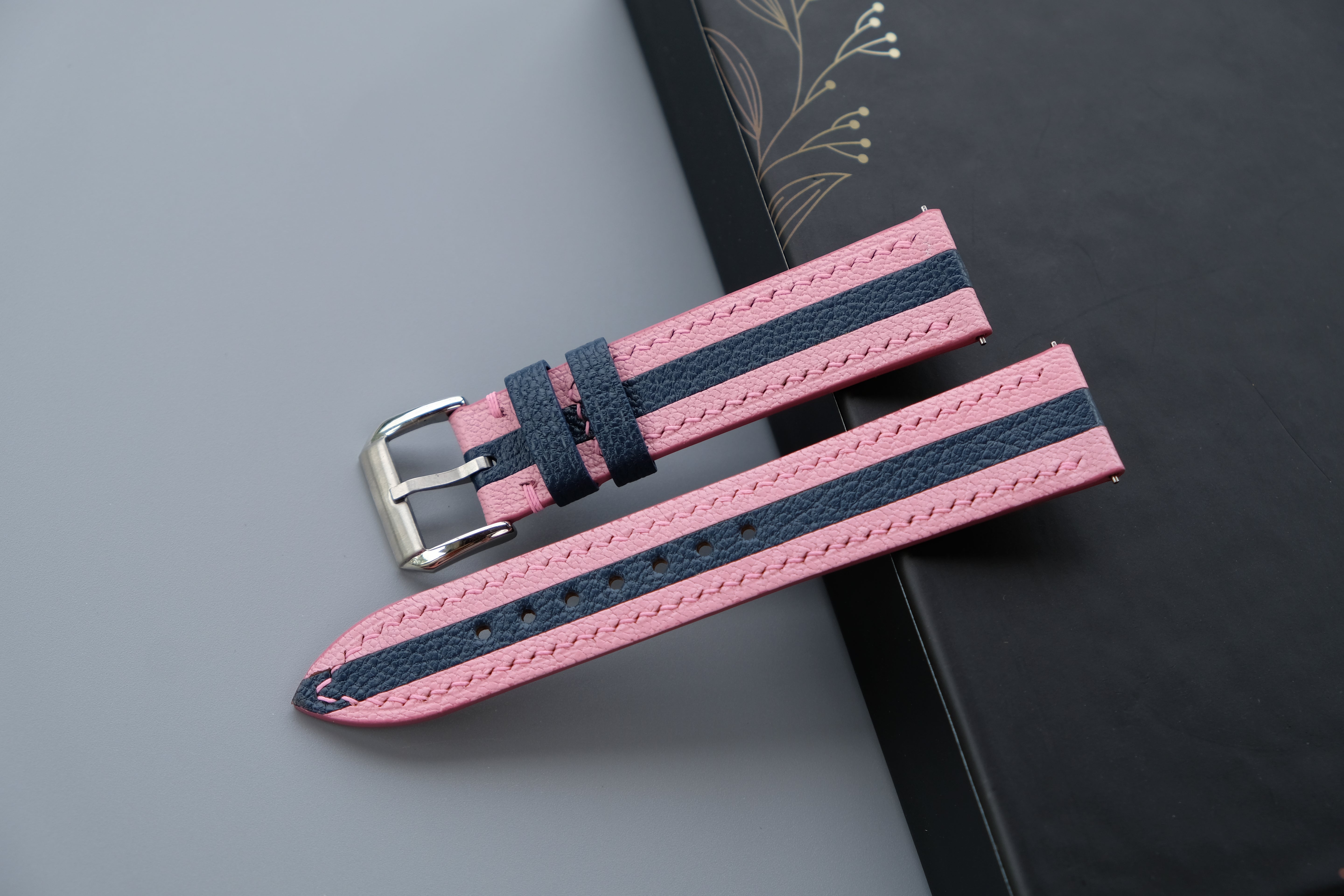 Two-Tone Pink and Navy Blue Leather Watch Strap | Chevre Sully French Leather | Handmade | Custom Sizes 26mm–16mm