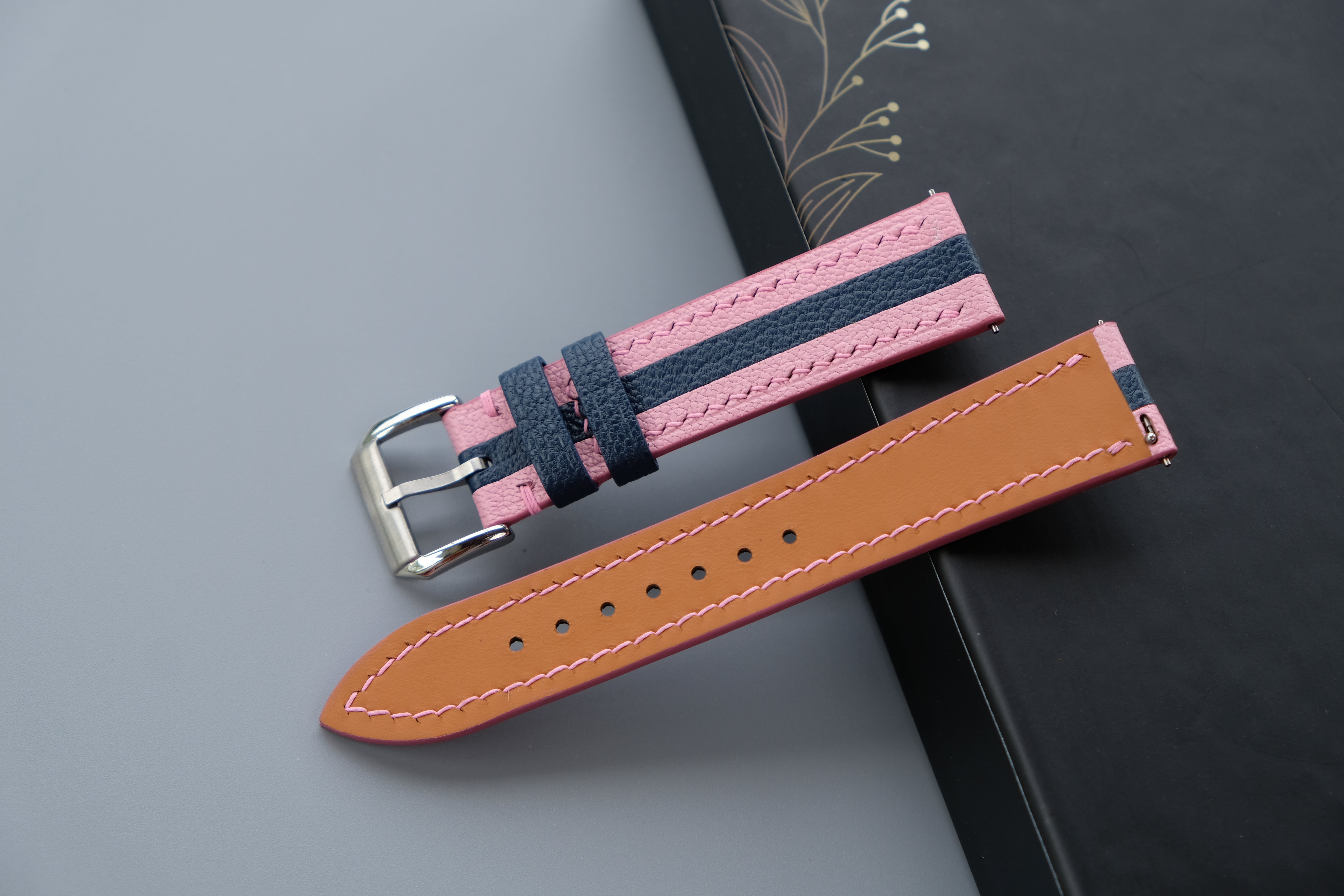 Two-Tone Pink and Navy Blue Leather Watch Strap | Chevre Sully French Leather | Handmade | Custom Sizes 26mm–16mm