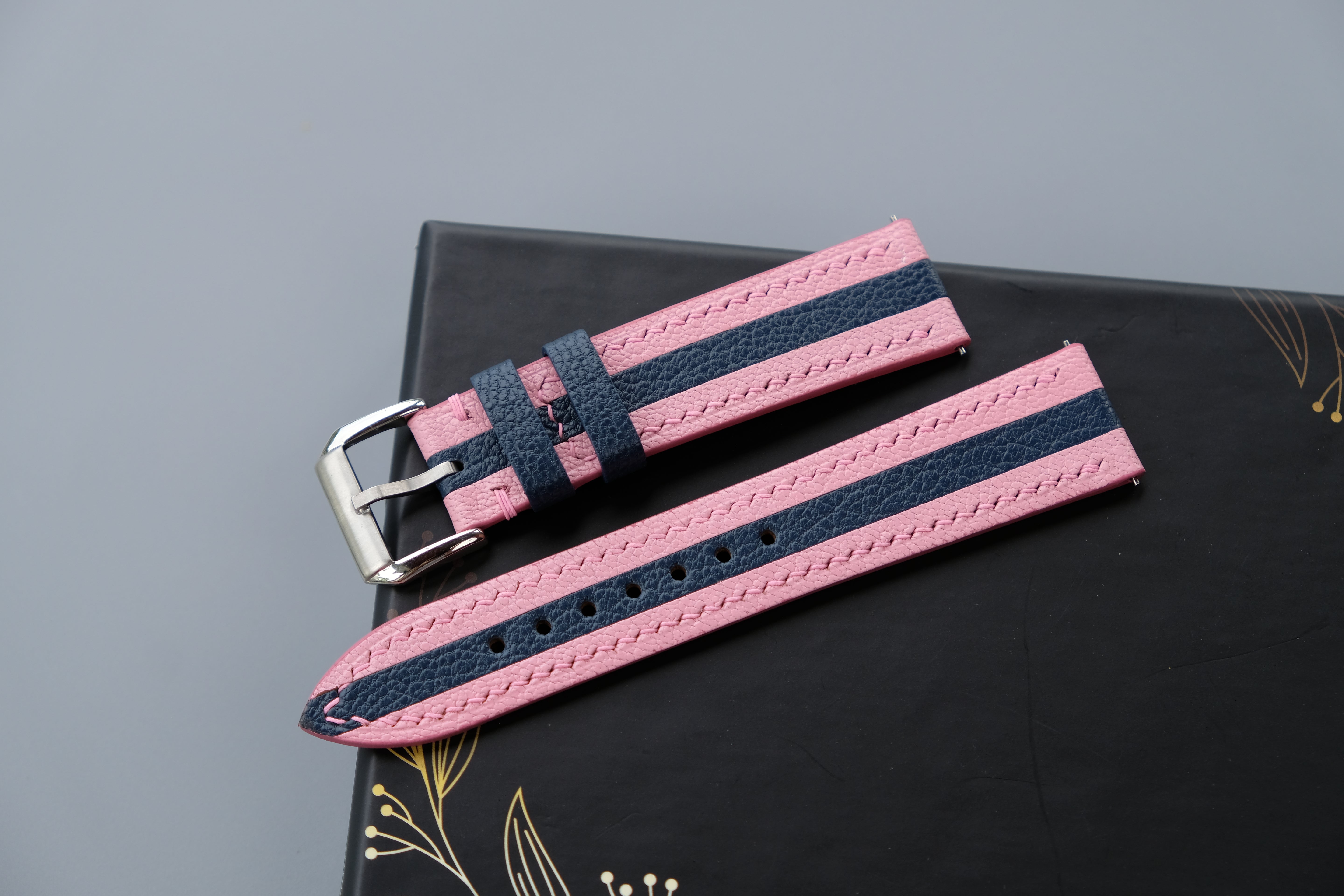 Two-Tone Pink and Navy Blue Leather Watch Strap | Chevre Sully French Leather | Handmade | Custom Sizes 26mm–16mm