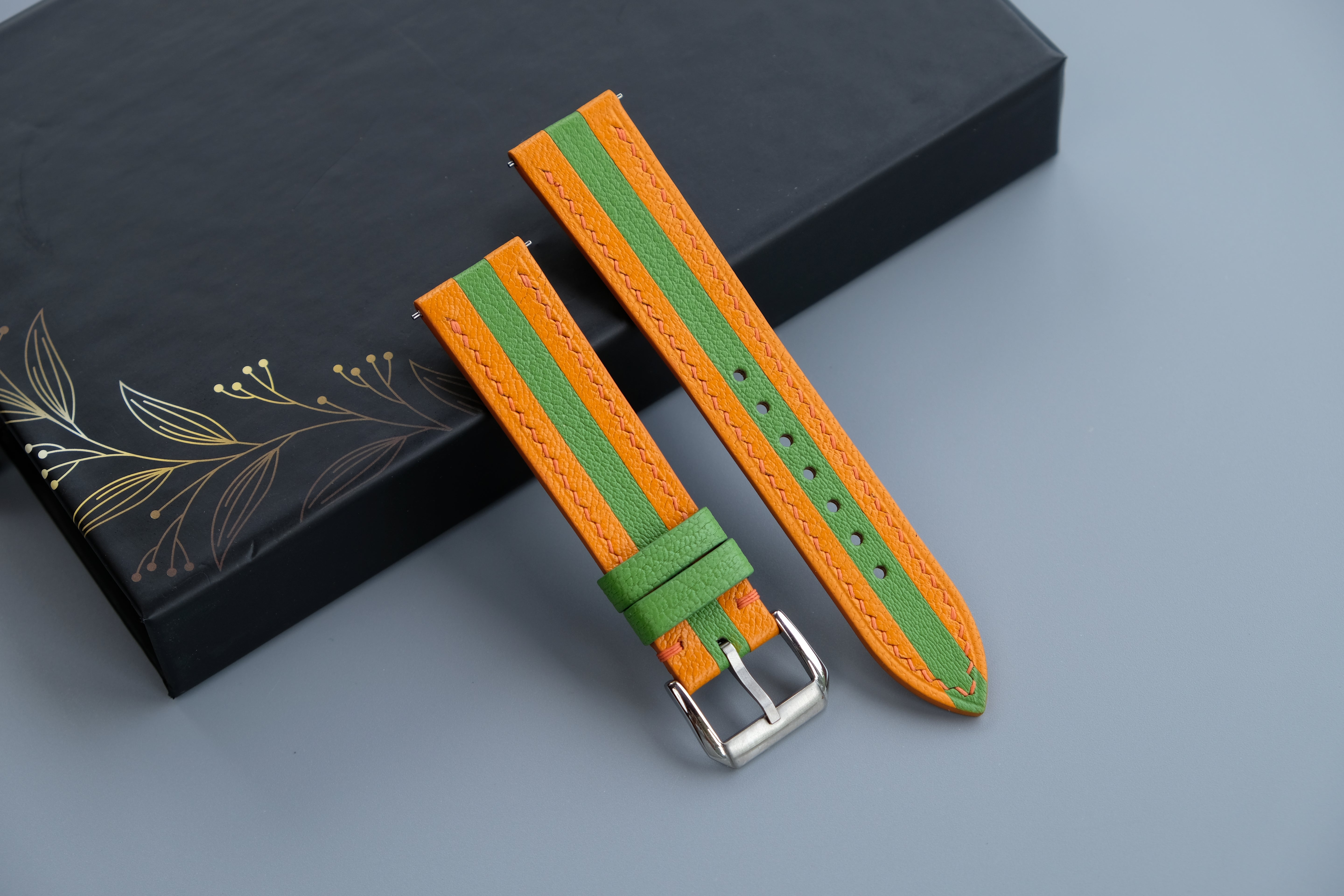 Two-Tone Orange And Lime Green Leather Watch Strap | Chevre Sully French Leather | Handmade | Custom Sizes 26mm–16mm
