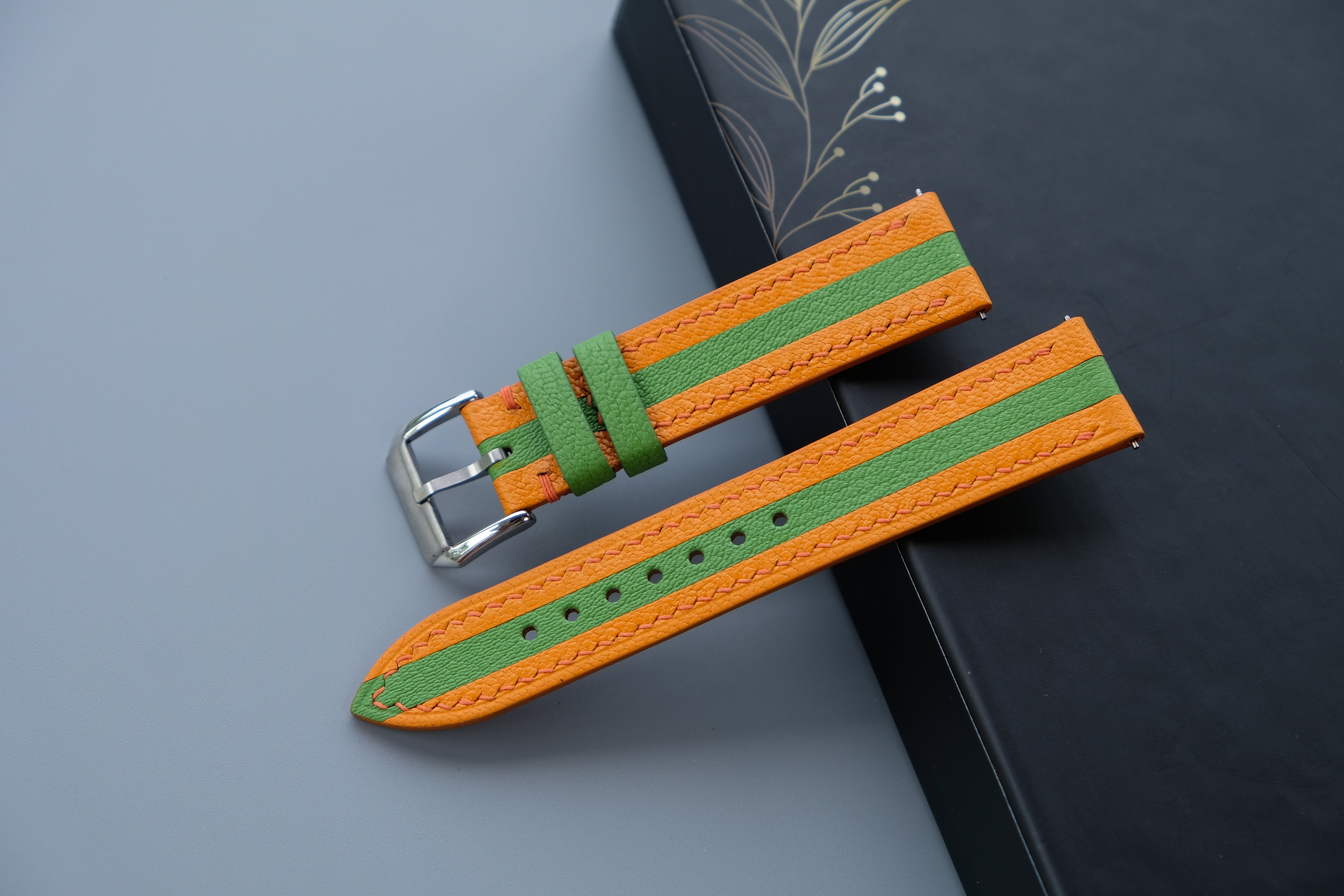 Two-Tone Orange And Lime Green Leather Watch Strap | Chevre Sully French Leather | Handmade | Custom Sizes 26mm–16mm