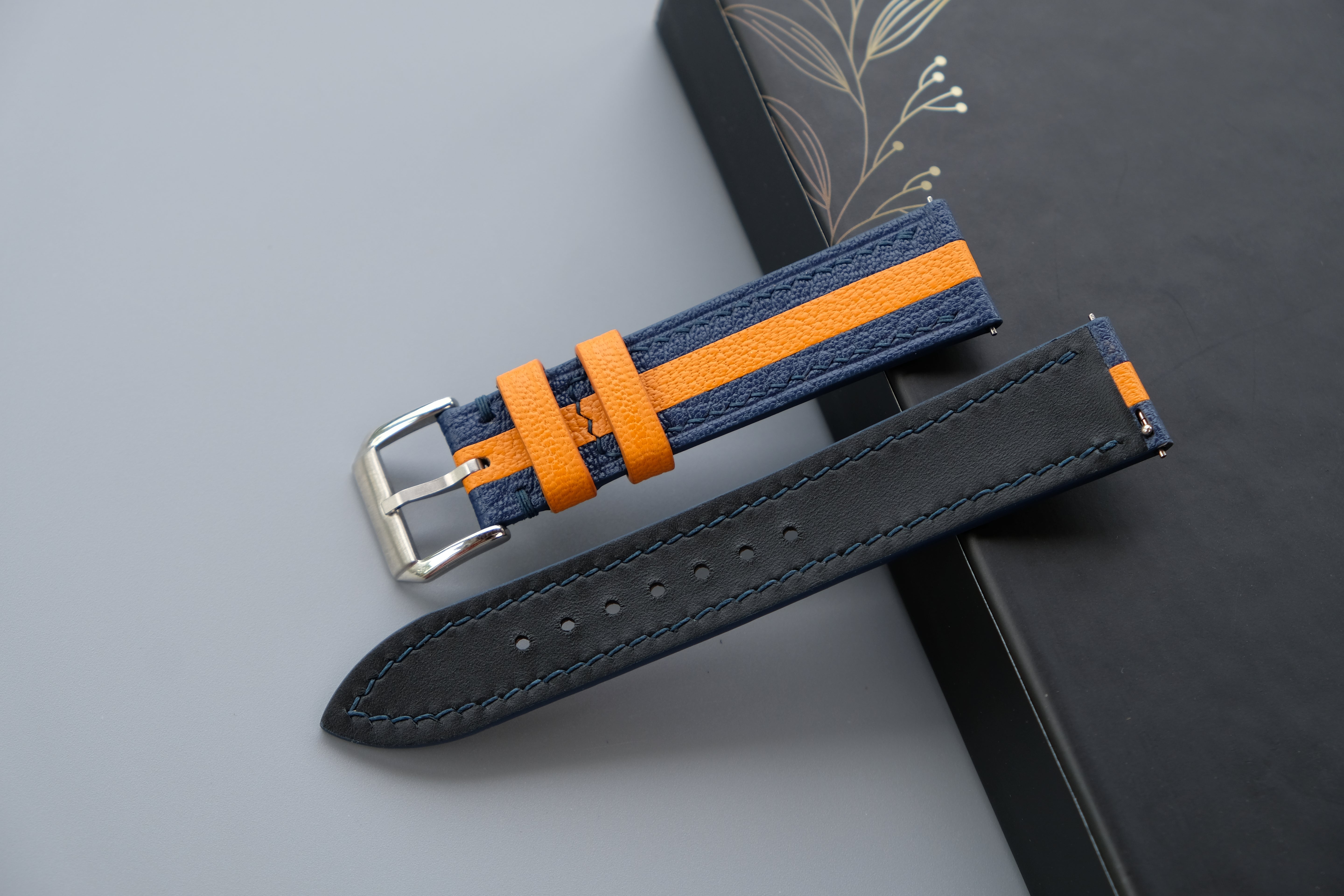 Two-Tone Navy And Orange Leather Watch Strap | Chevre Sully French Leather | Handmade | Custom Sizes 26mm–16mm