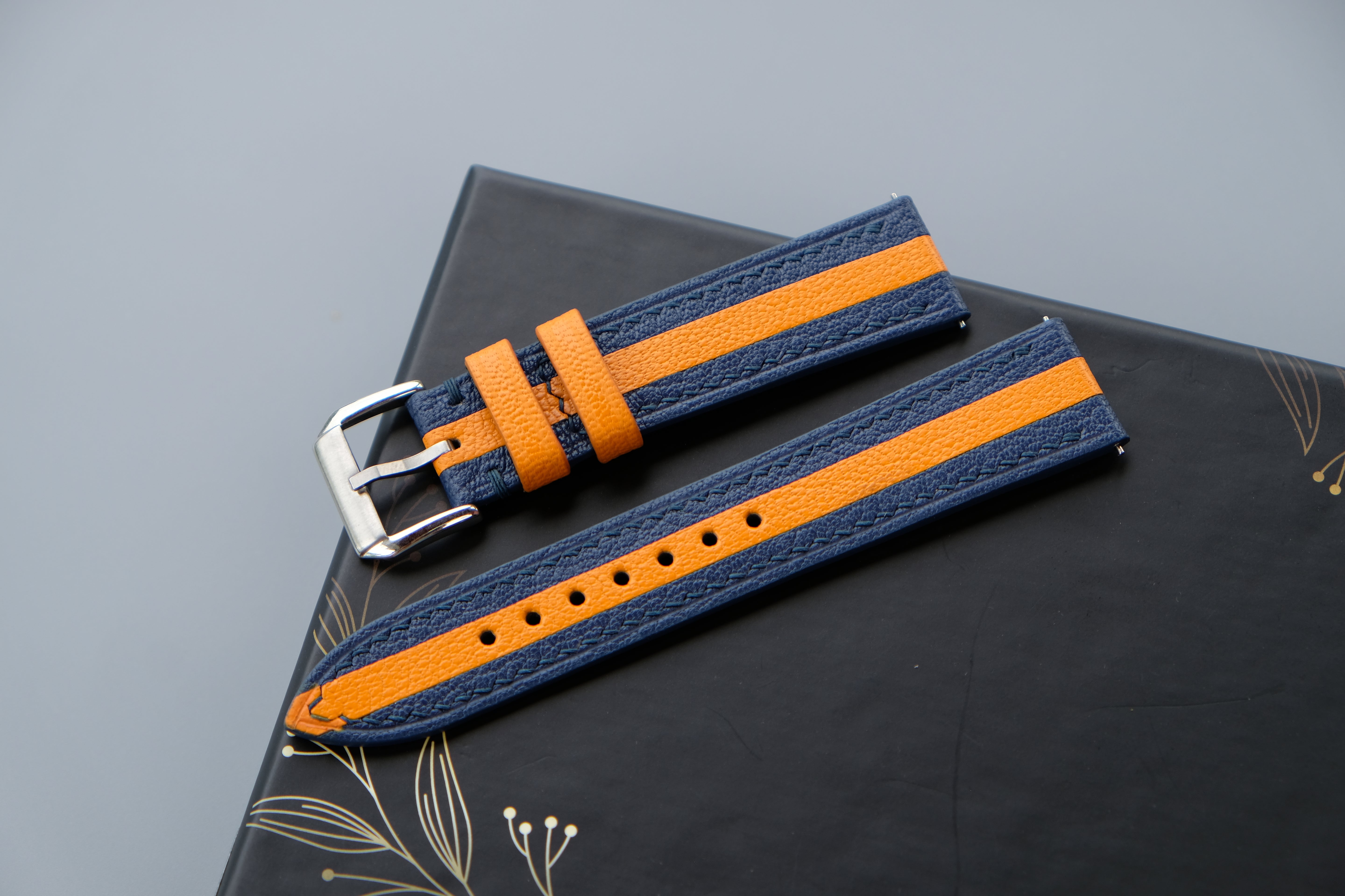 Two-Tone Navy And Orange Leather Watch Strap | Chevre Sully French Leather | Handmade | Custom Sizes 26mm–16mm