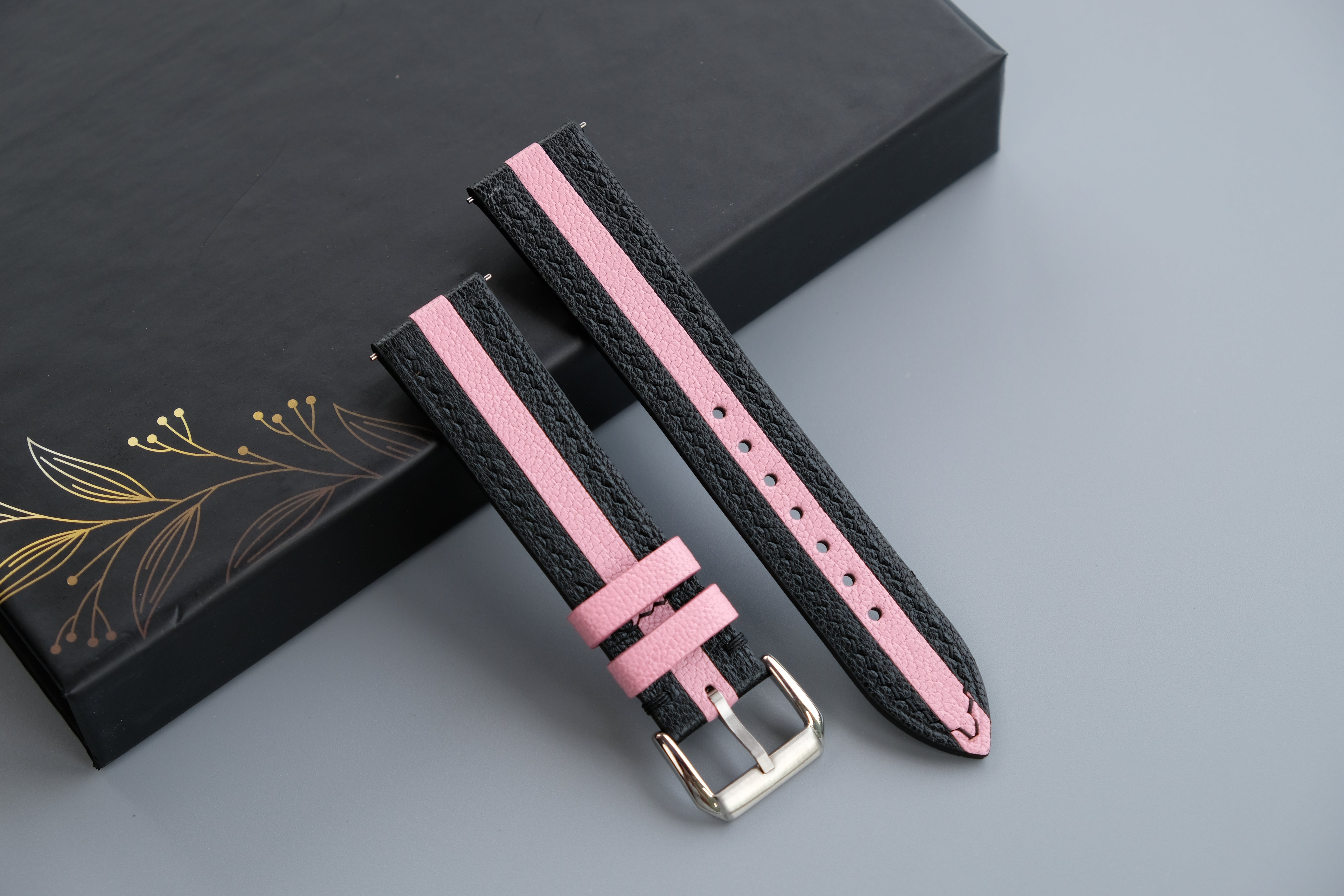 Two-Tone Black And Pink Leather Watch Strap | Chevre Sully French Leather | Handmade | Custom Sizes 26mm–16mm
