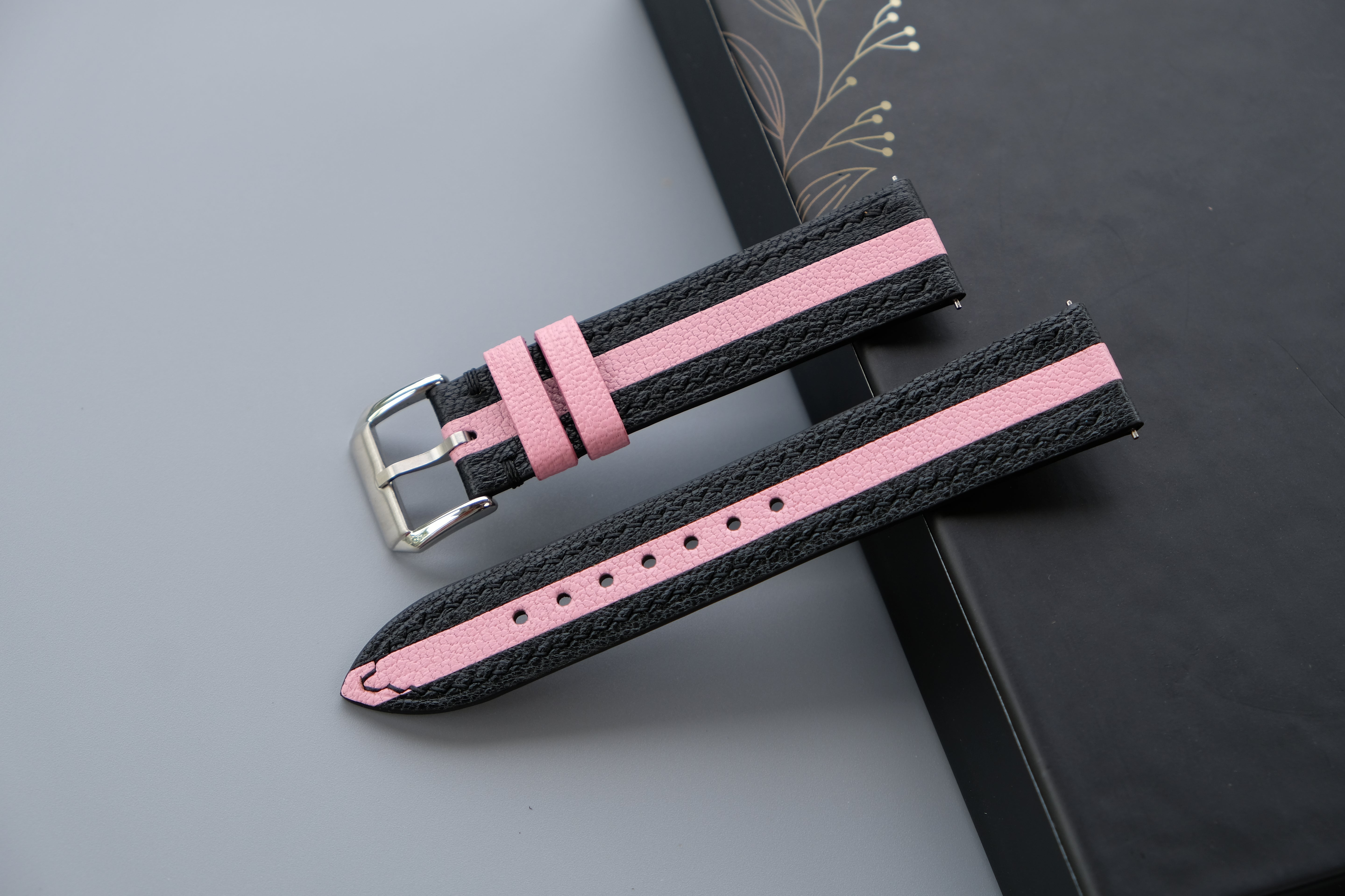 Two-Tone Black And Pink Leather Watch Strap | Chevre Sully French Leather | Handmade | Custom Sizes 26mm–16mm