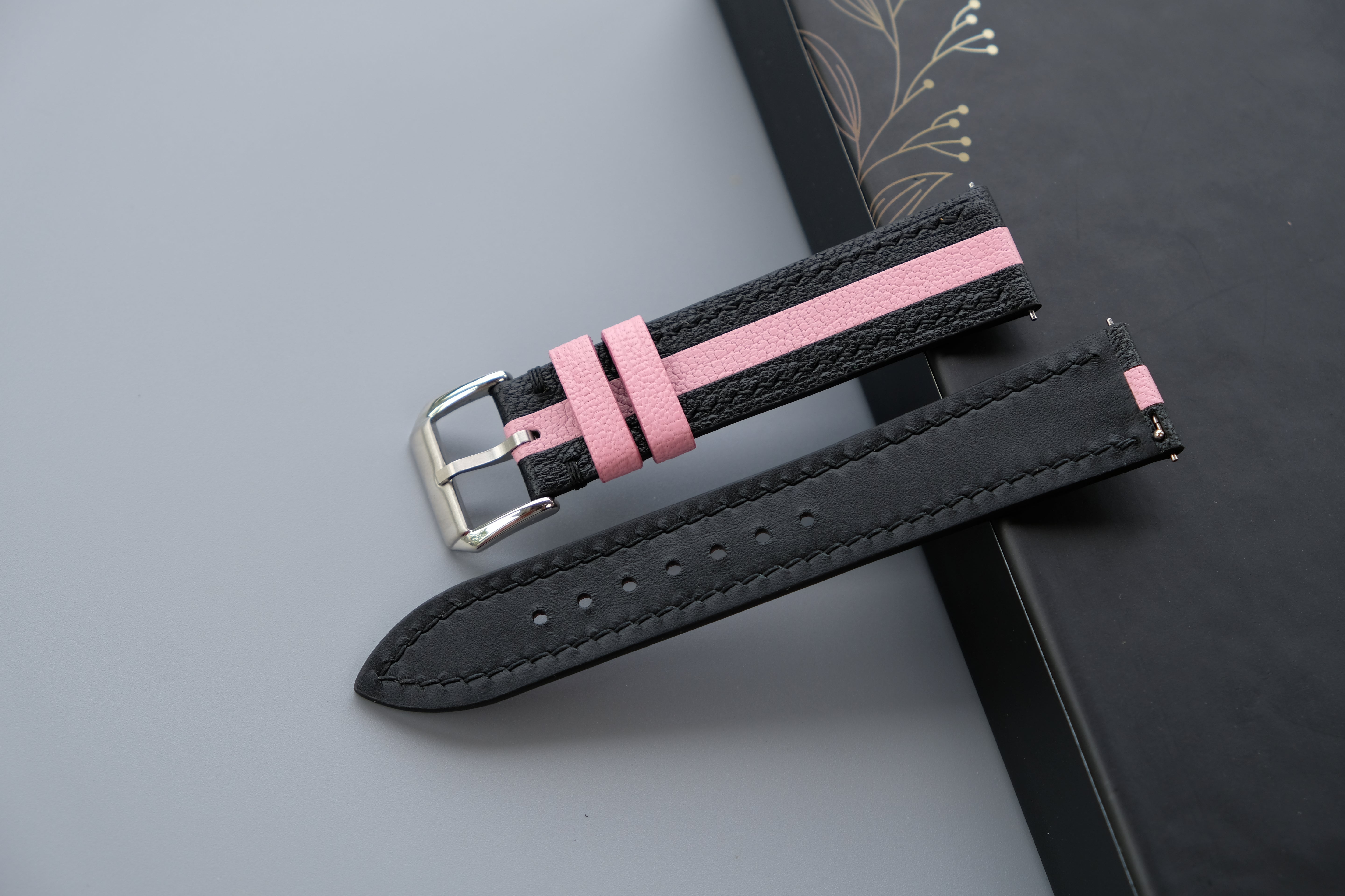 Two-Tone Black And Pink Leather Watch Strap | Chevre Sully French Leather | Handmade | Custom Sizes 26mm–16mm