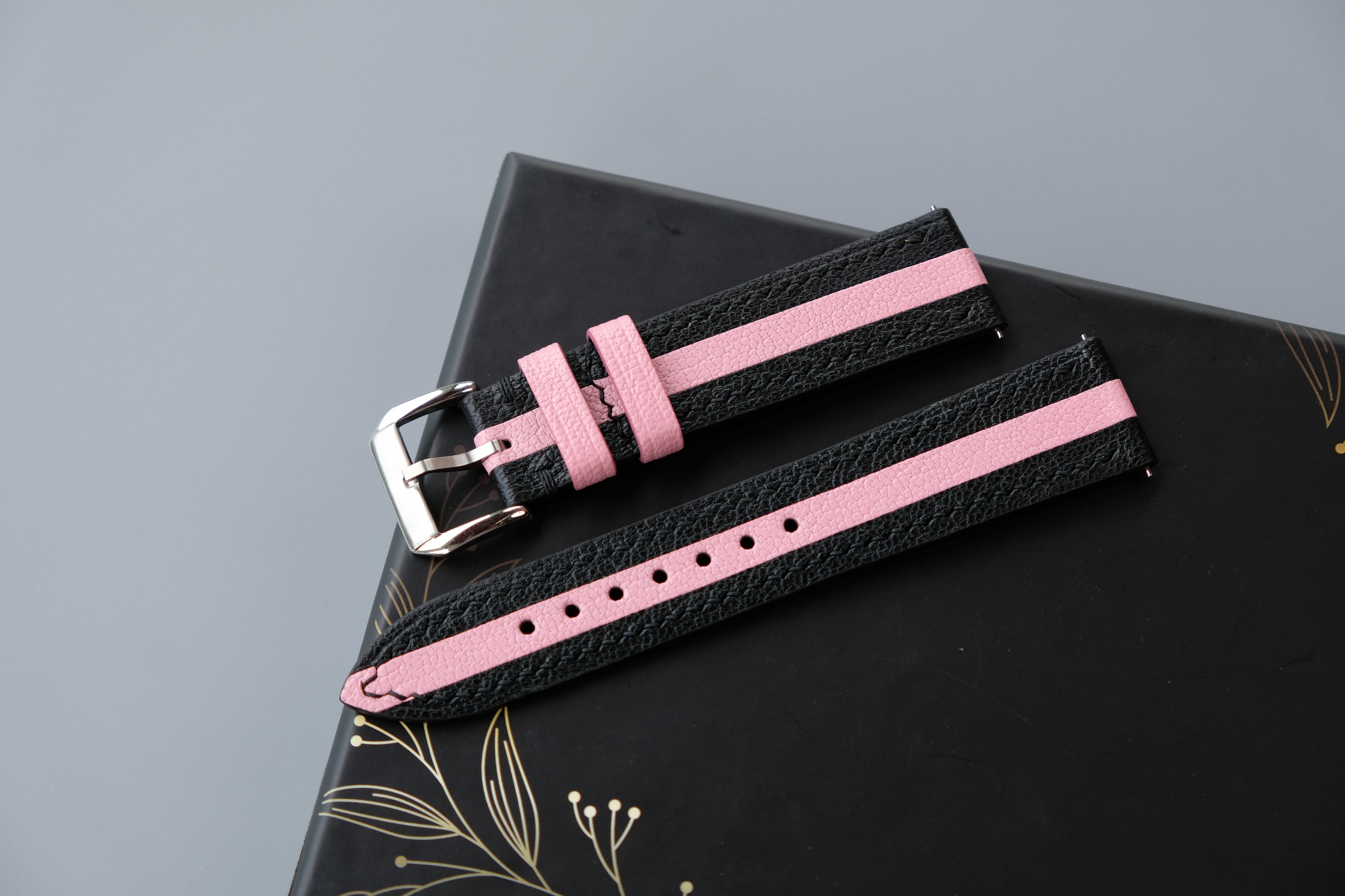 Two-Tone Black And Pink Leather Watch Strap | Chevre Sully French Leather | Handmade | Custom Sizes 26mm–16mm