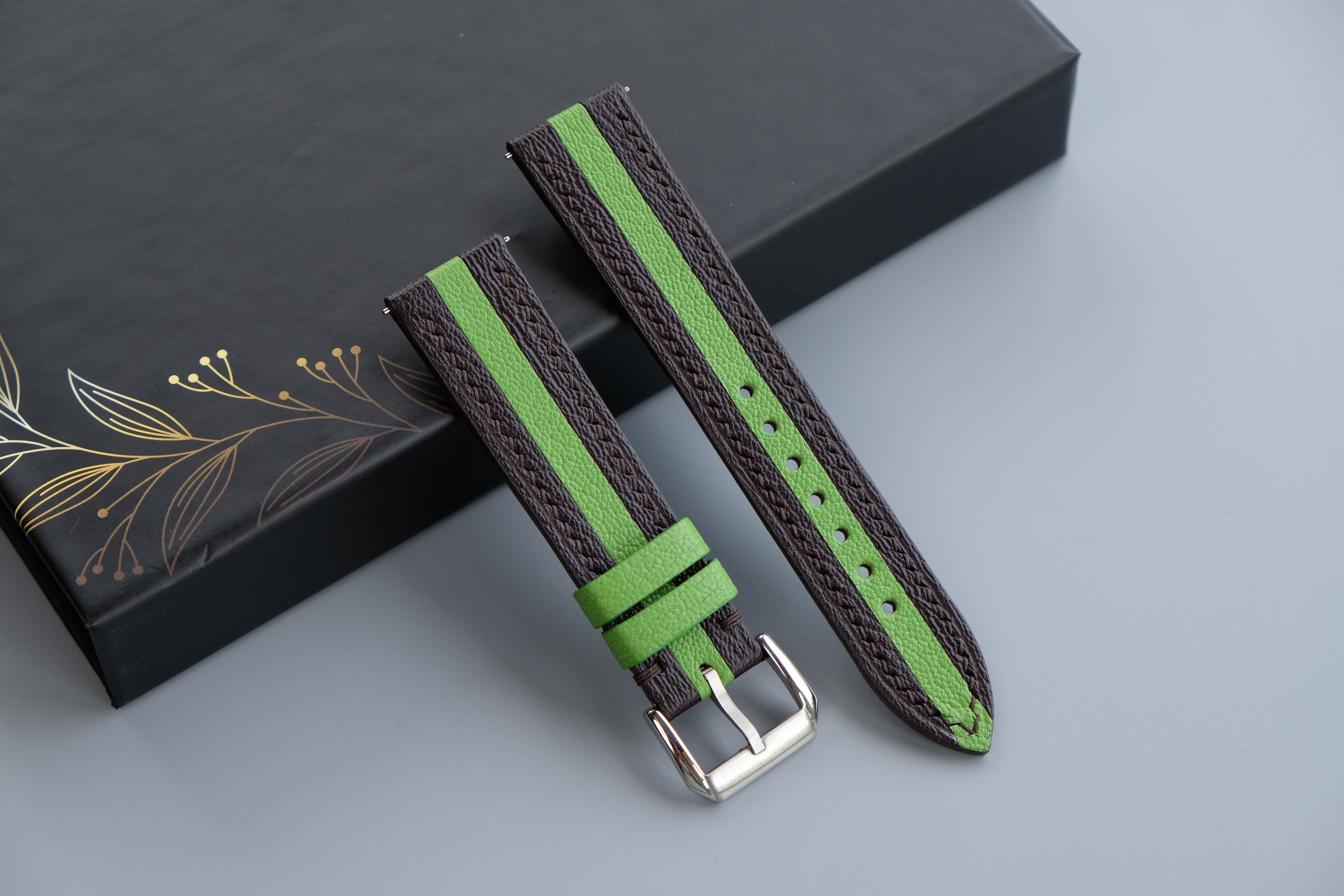 Two-Tone Dark Brown And Lime Green Leather Watch Strap | Chevre Sully French Leather | Handmade | Custom Sizes 26mm–16mm