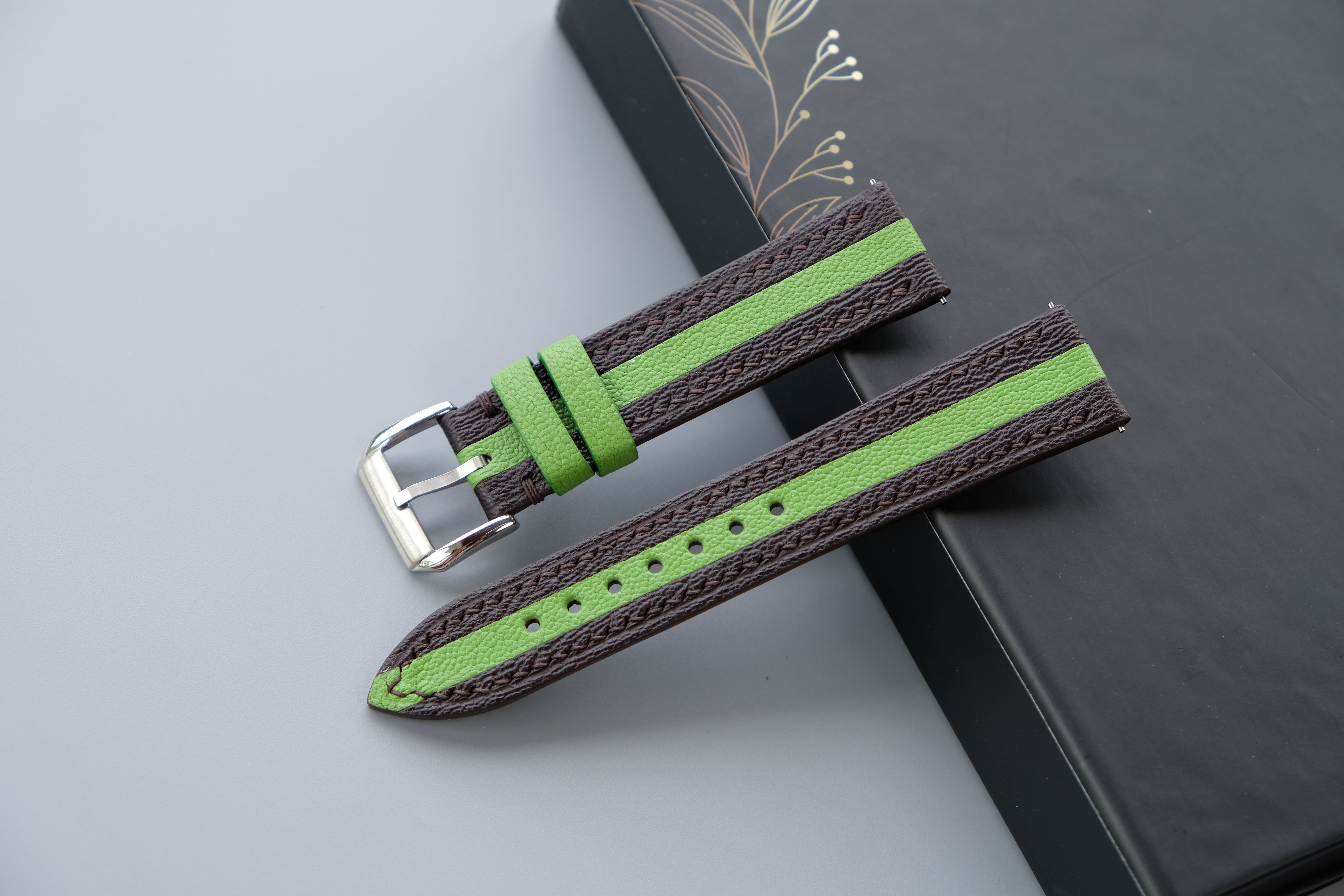 Two-Tone Dark Brown And Lime Green Leather Watch Strap | Chevre Sully French Leather | Handmade | Custom Sizes 26mm–16mm