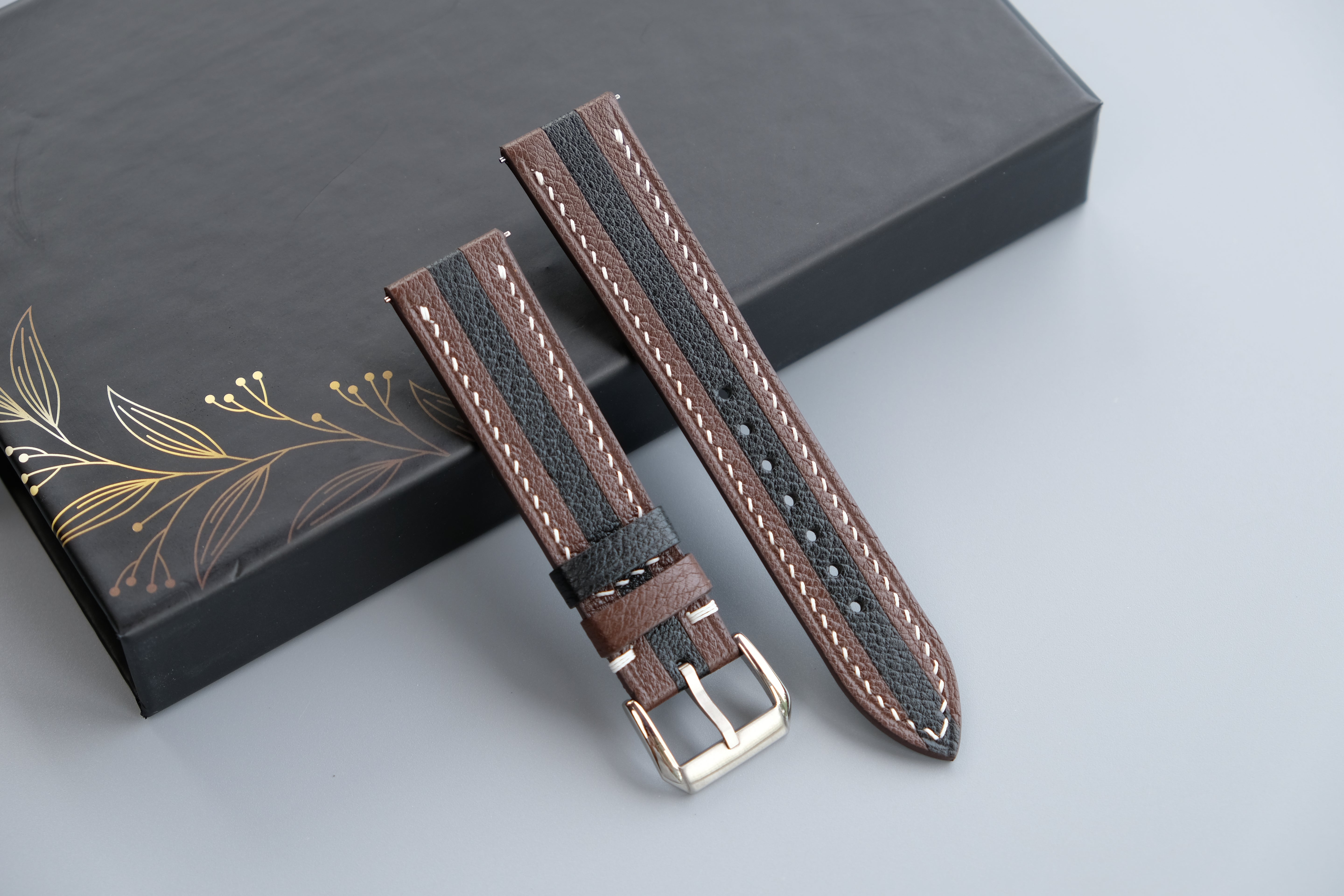 Two-Tone Brown And Black Leather Watch Strap | Chevre Sully French Leather | Handmade | Custom Sizes 26mm–16mm