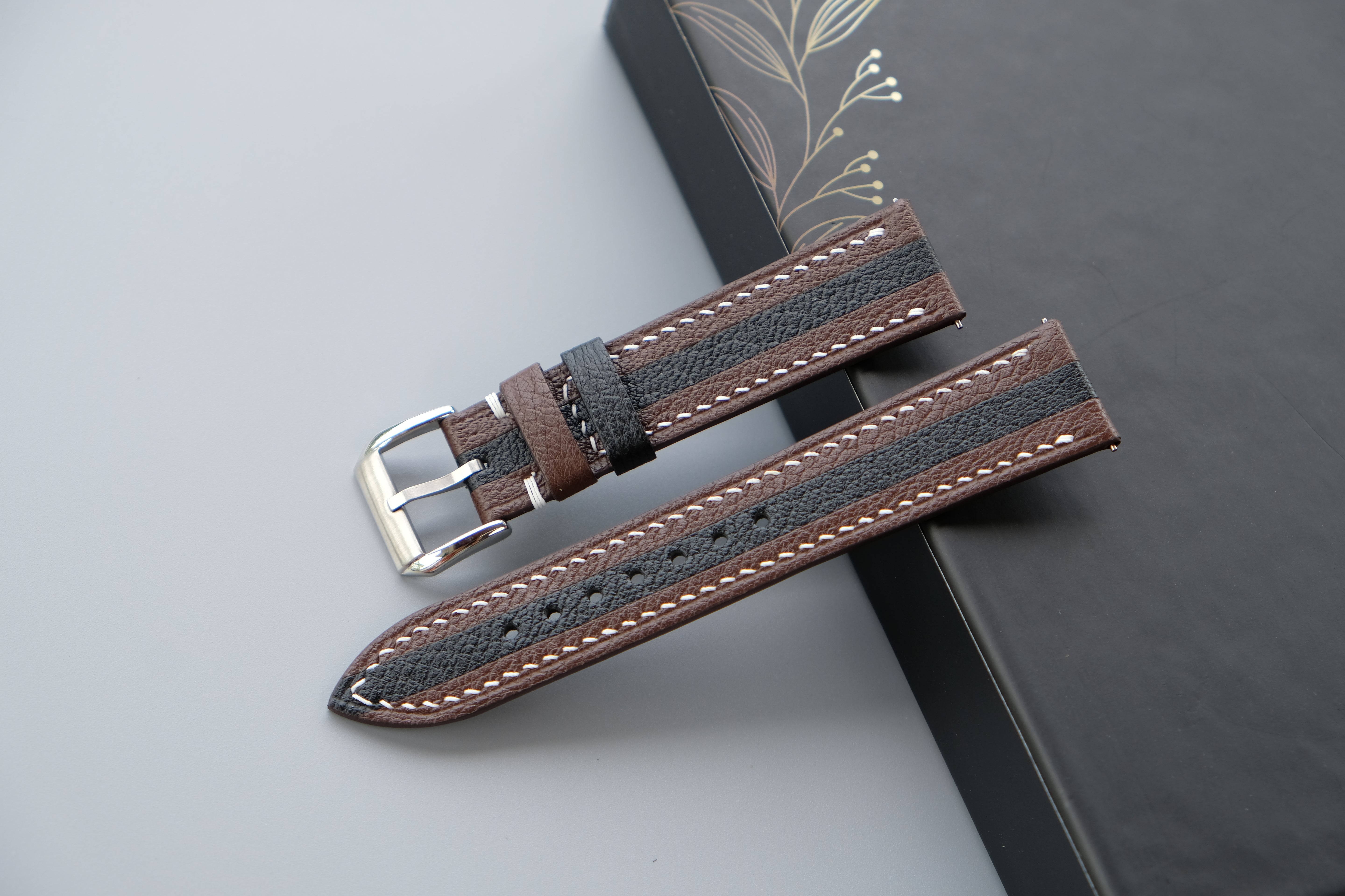 Two-Tone Brown And Black Leather Watch Strap | Chevre Sully French Leather | Handmade | Custom Sizes 26mm–16mm