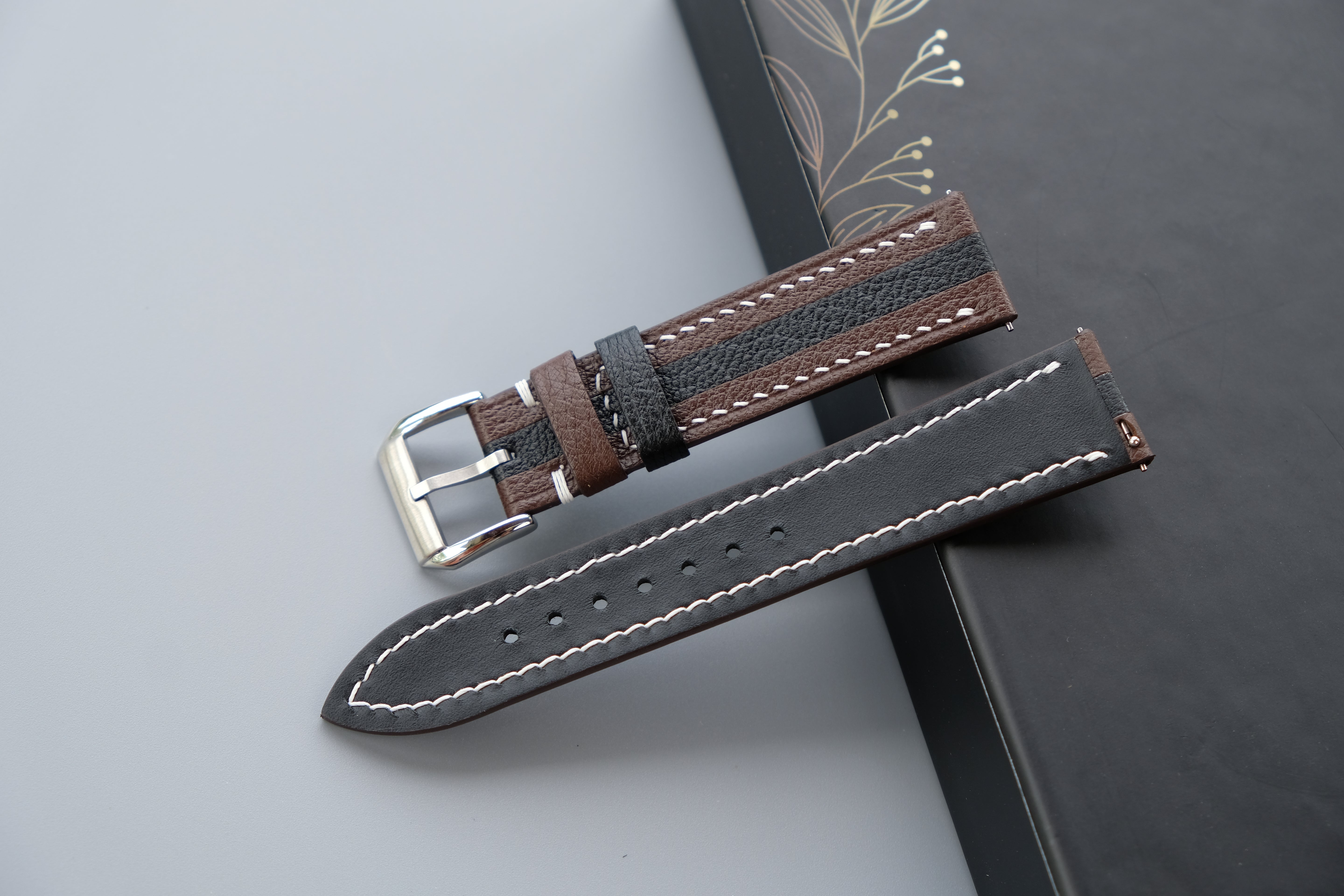 Two-Tone Brown And Black Leather Watch Strap | Chevre Sully French Leather | Handmade | Custom Sizes 26mm–16mm