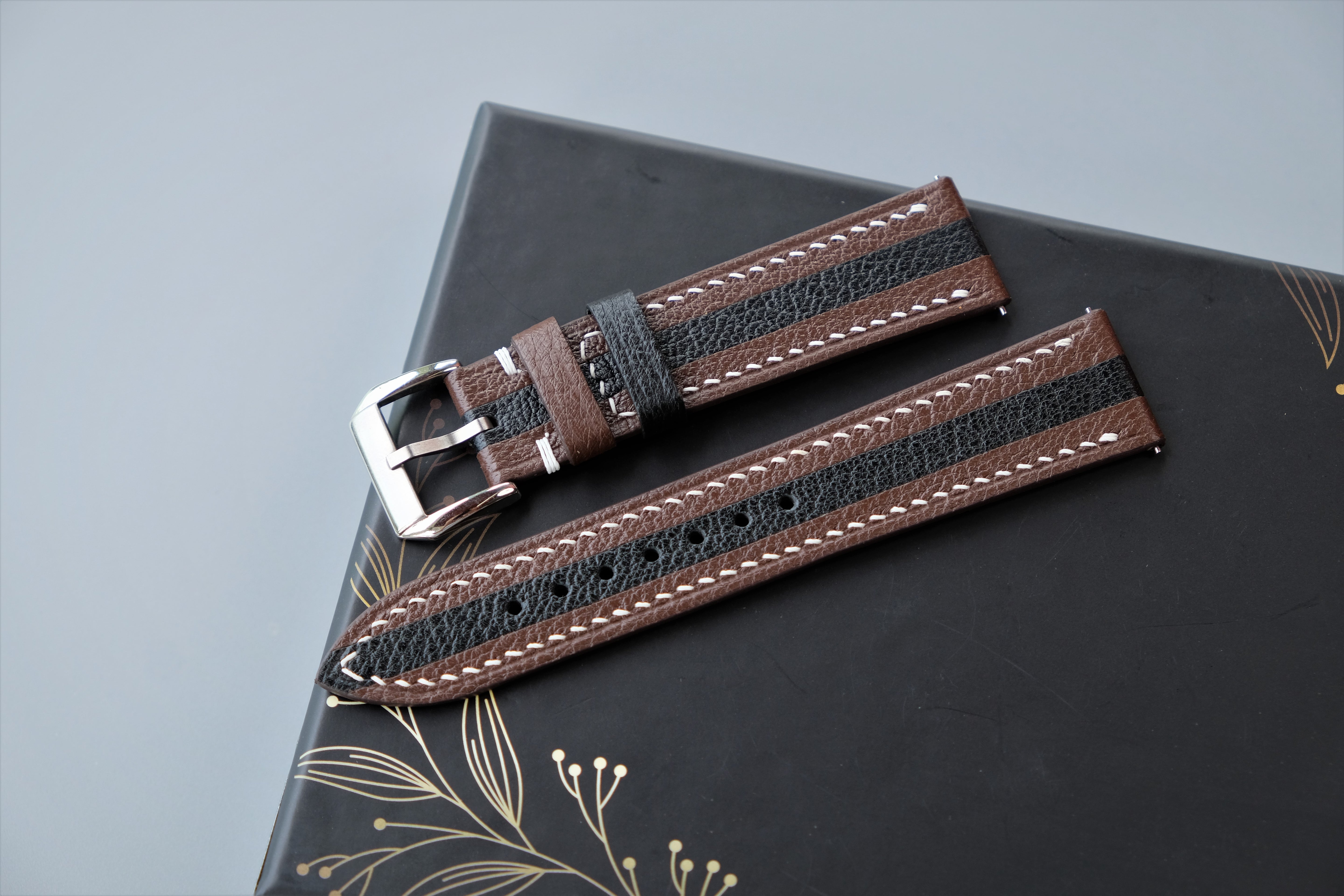 Two-Tone Brown And Black Leather Watch Strap | Chevre Sully French Leather | Handmade | Custom Sizes 26mm–16mm
