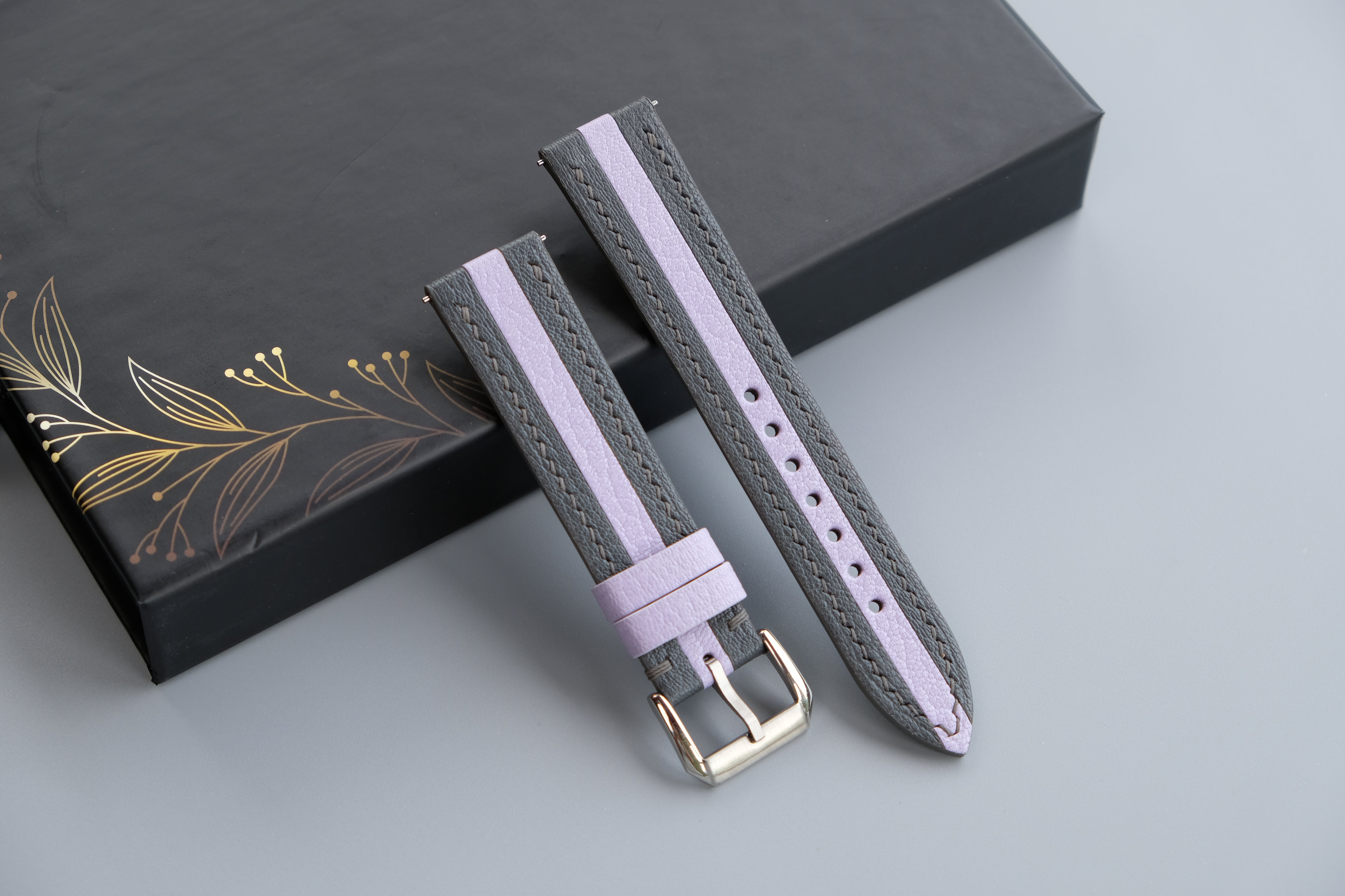 Two-Tone Gray and Lavender Leather Watch Strap | Chevre Sully French Leather | Handmade | Custom Sizes 26mm–16mm