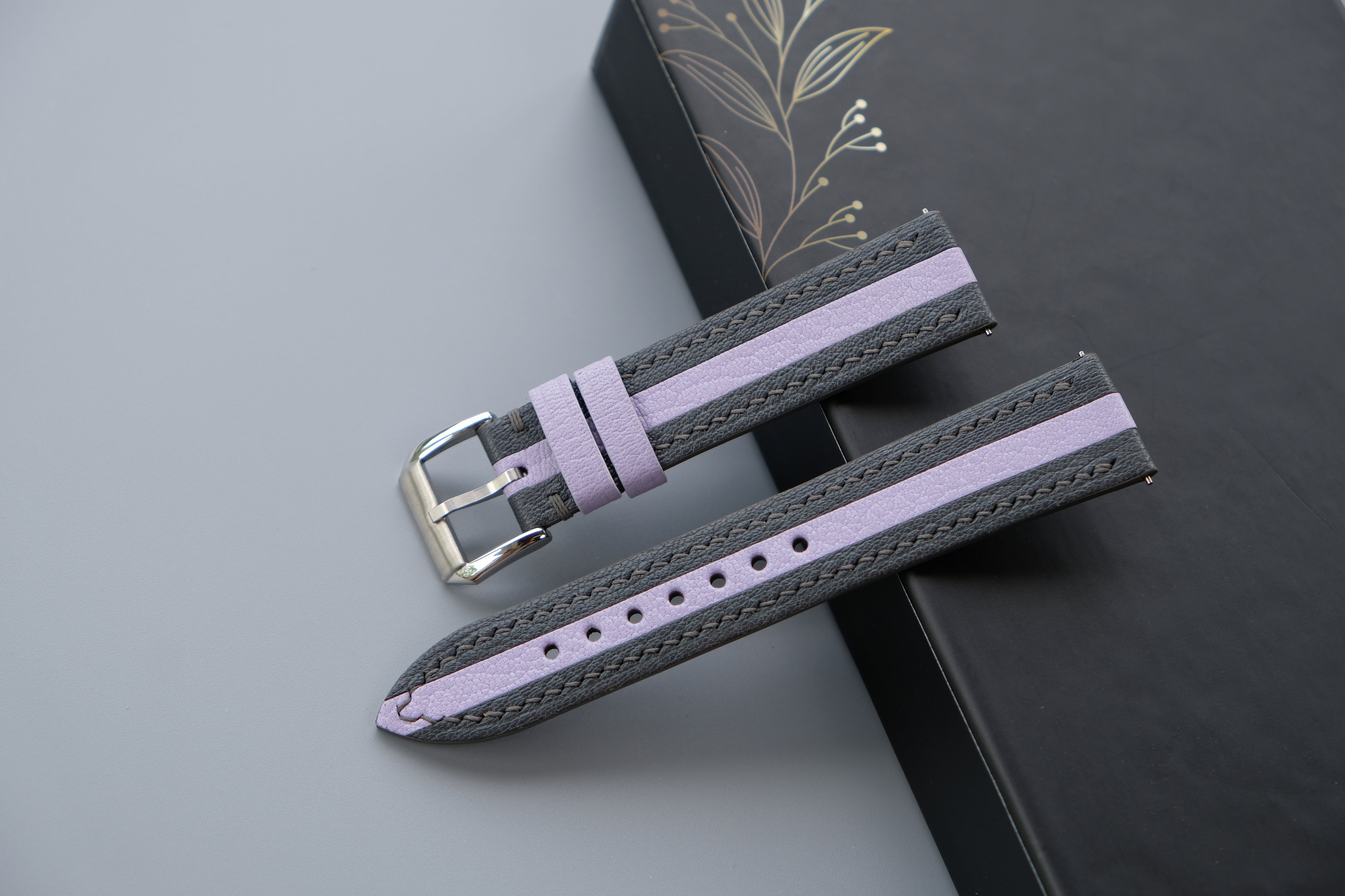 Two-Tone Gray and Lavender Leather Watch Strap | Chevre Sully French Leather | Handmade | Custom Sizes 26mm–16mm