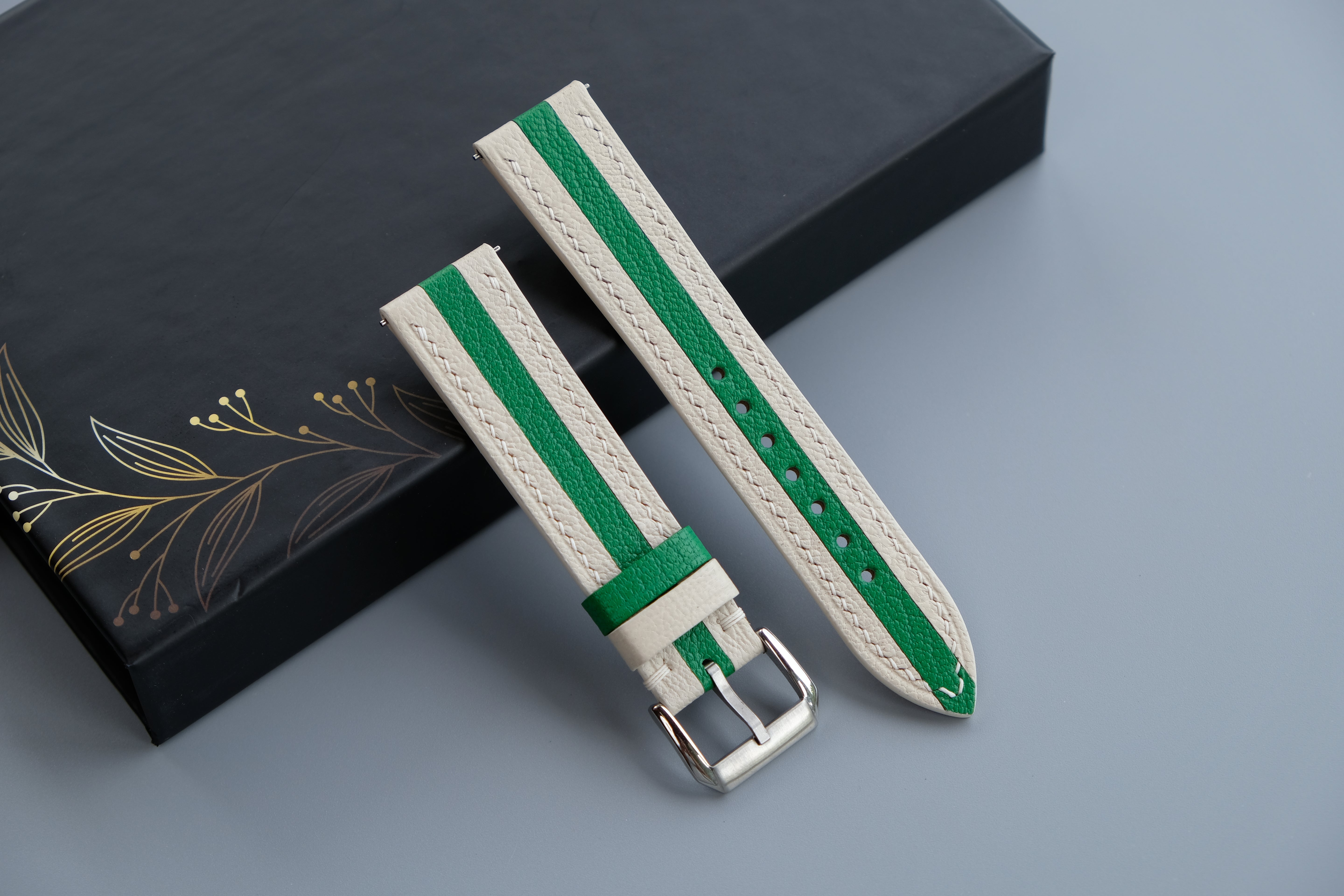 Two-Tone Cream And Green Leather Watch Strap | Chevre Sully French Leather | Handmade | Custom Sizes 26mm–16mm