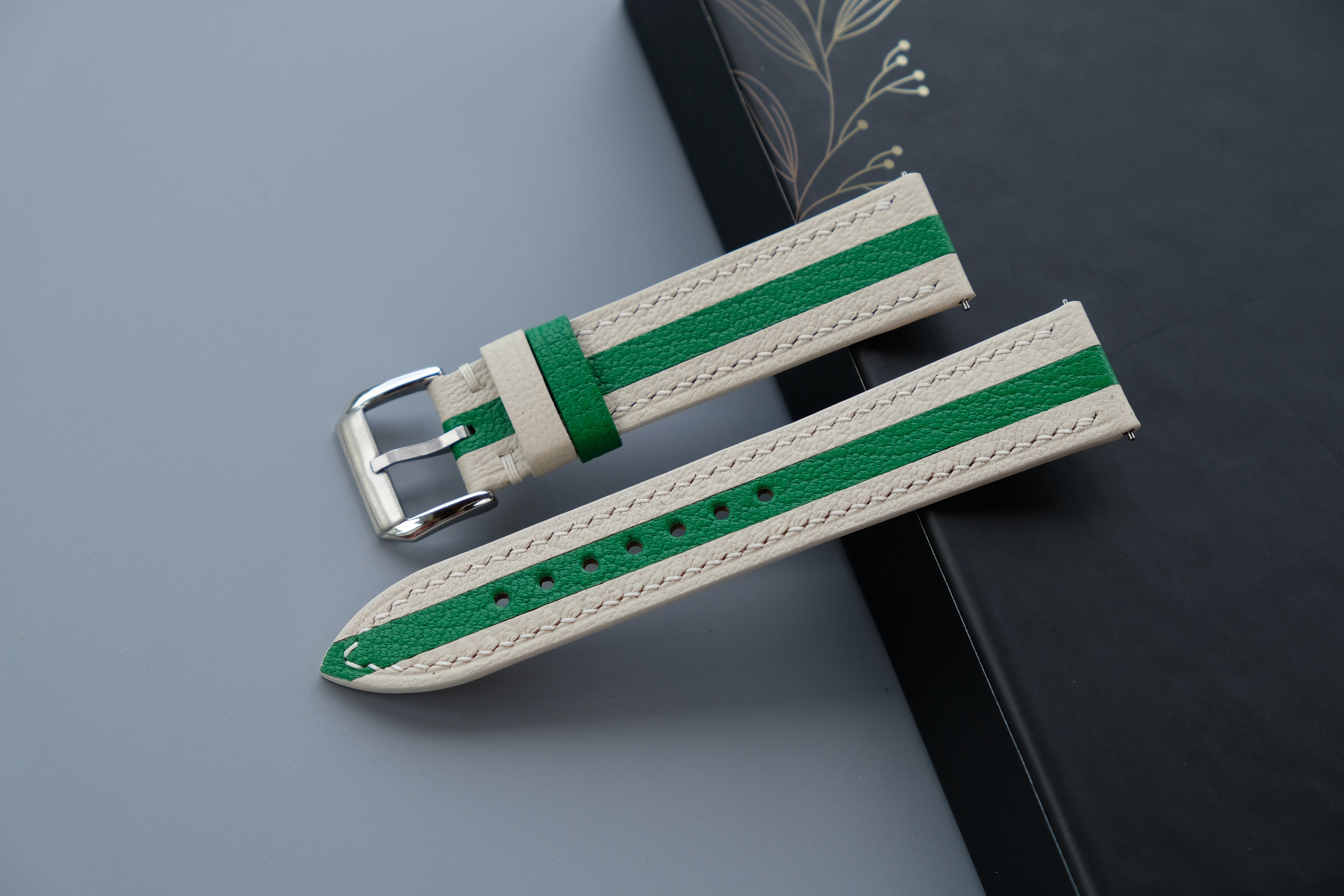 Two-Tone Cream And Green Leather Watch Strap | Chevre Sully French Leather | Handmade | Custom Sizes 26mm–16mm