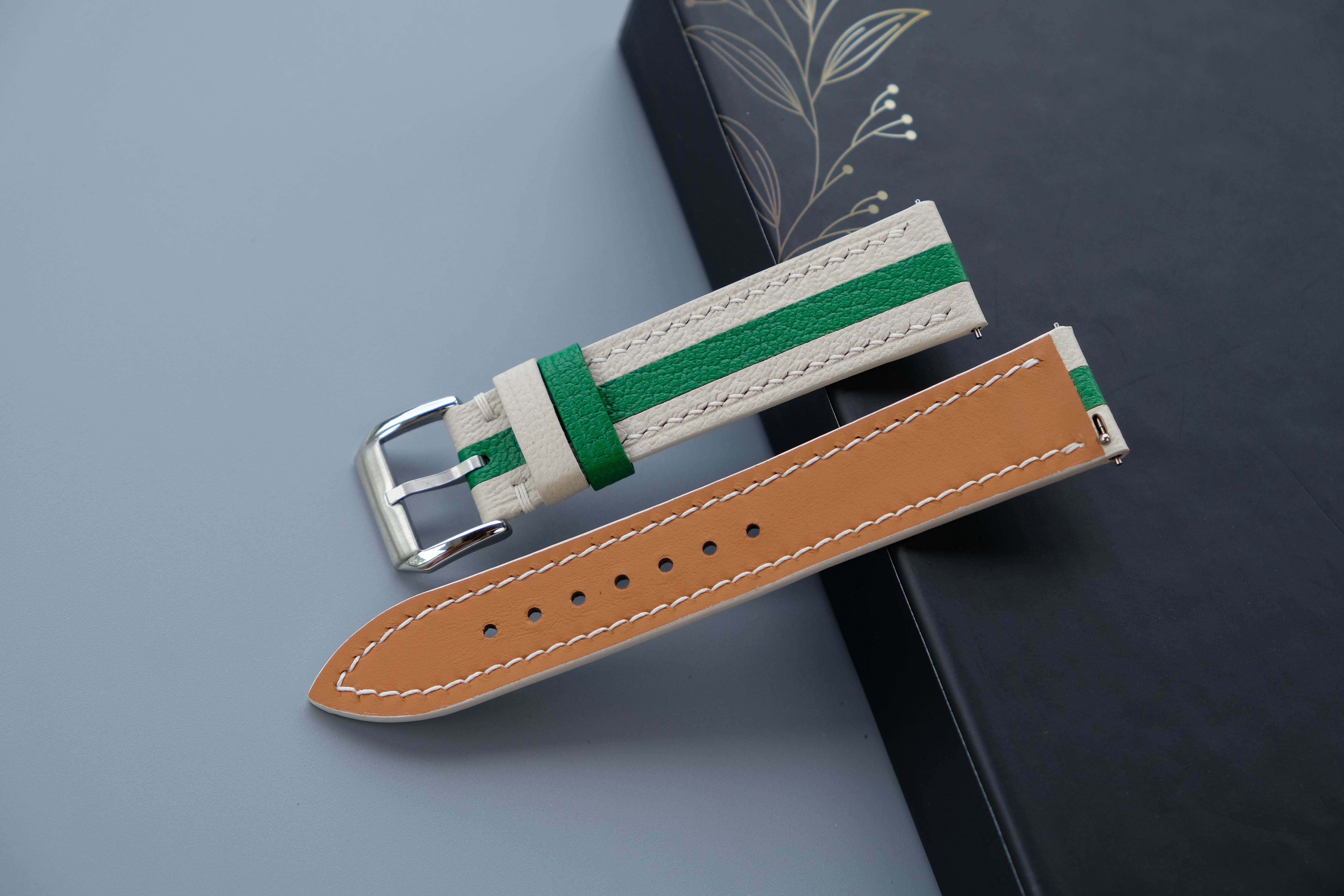 Two-Tone Cream And Green Leather Watch Strap | Chevre Sully French Leather | Handmade | Custom Sizes 26mm–16mm