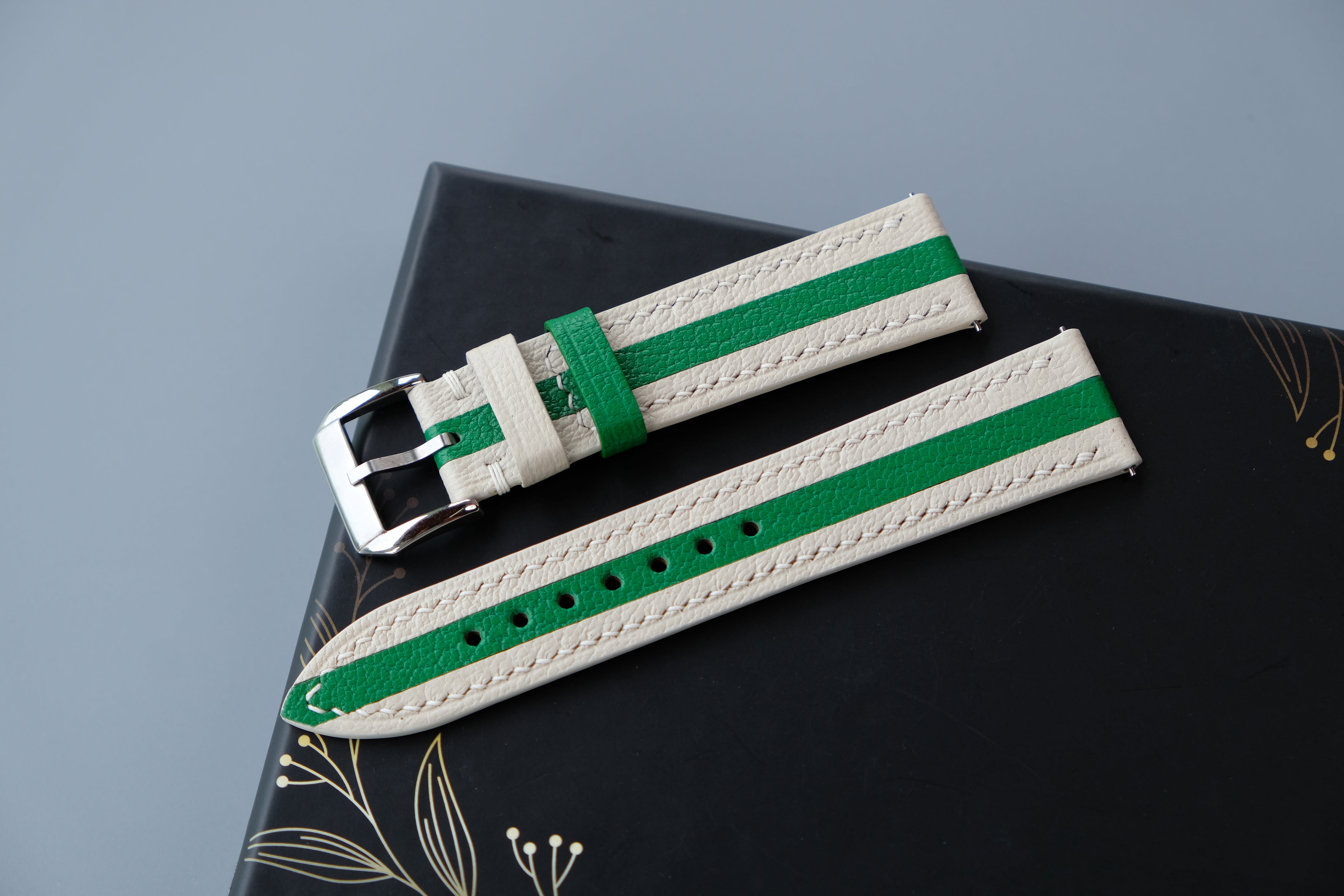 Two-Tone Cream And Green Leather Watch Strap | Chevre Sully French Leather | Handmade | Custom Sizes 26mm–16mm