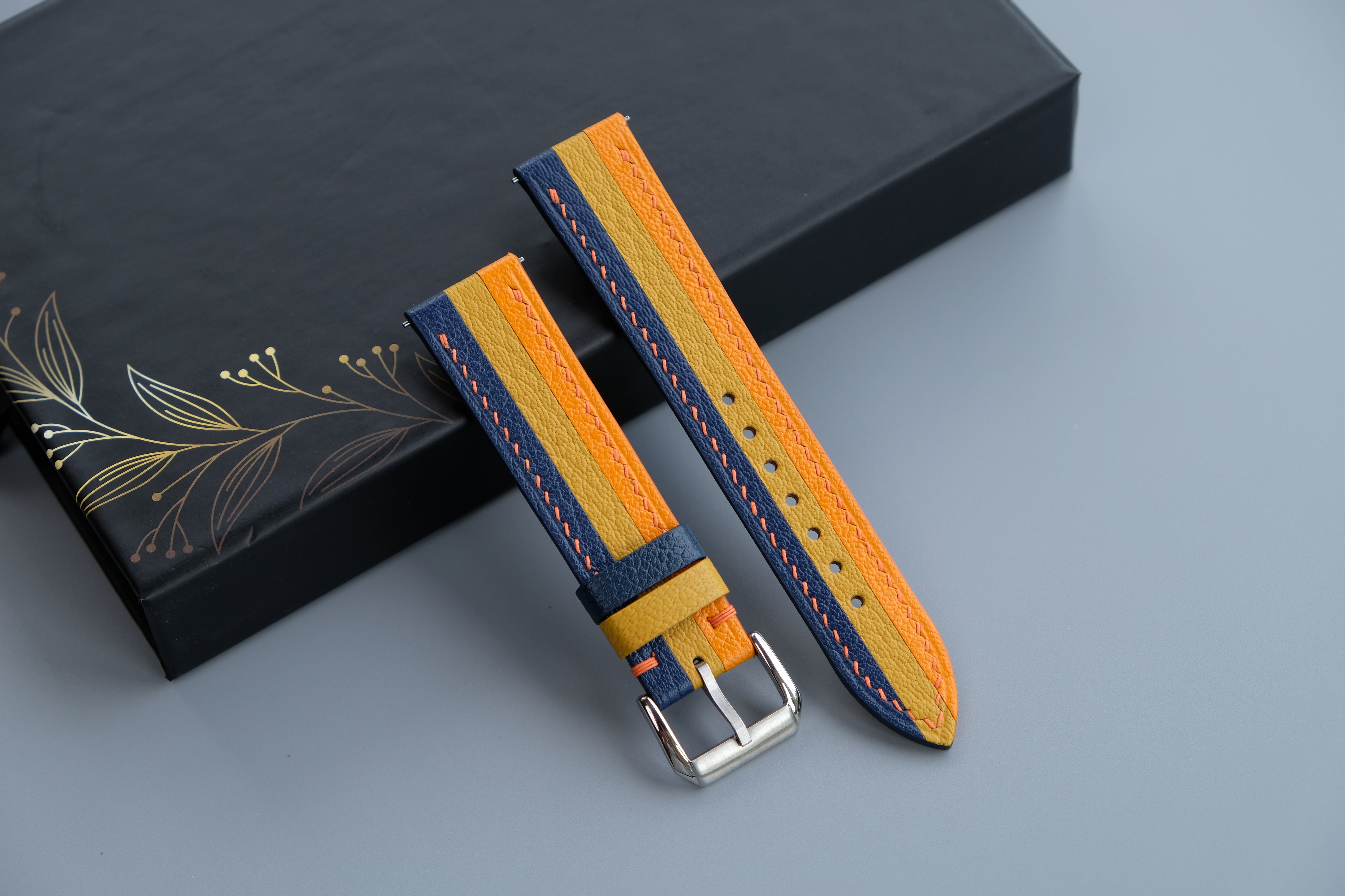 Triple-Tone Navy, Yellow and Orange Watch Strap | Handmade Goat Leather | Chevre Sully French Leather | Custom Sizes 26mm–16mm