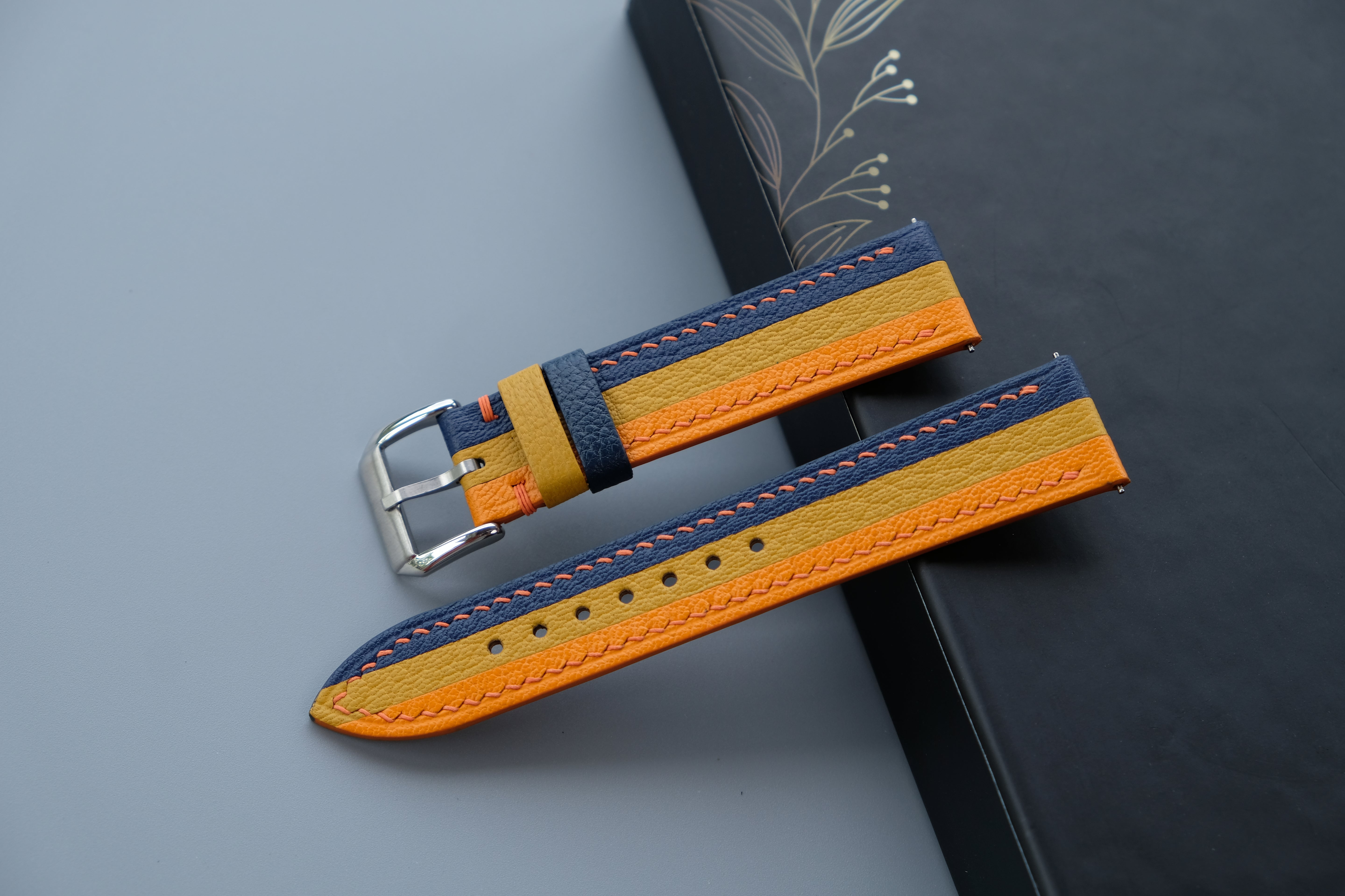 Triple-Tone Navy, Yellow and Orange Watch Strap | Handmade Goat Leather | Chevre Sully French Leather | Custom Sizes 26mm–16mm