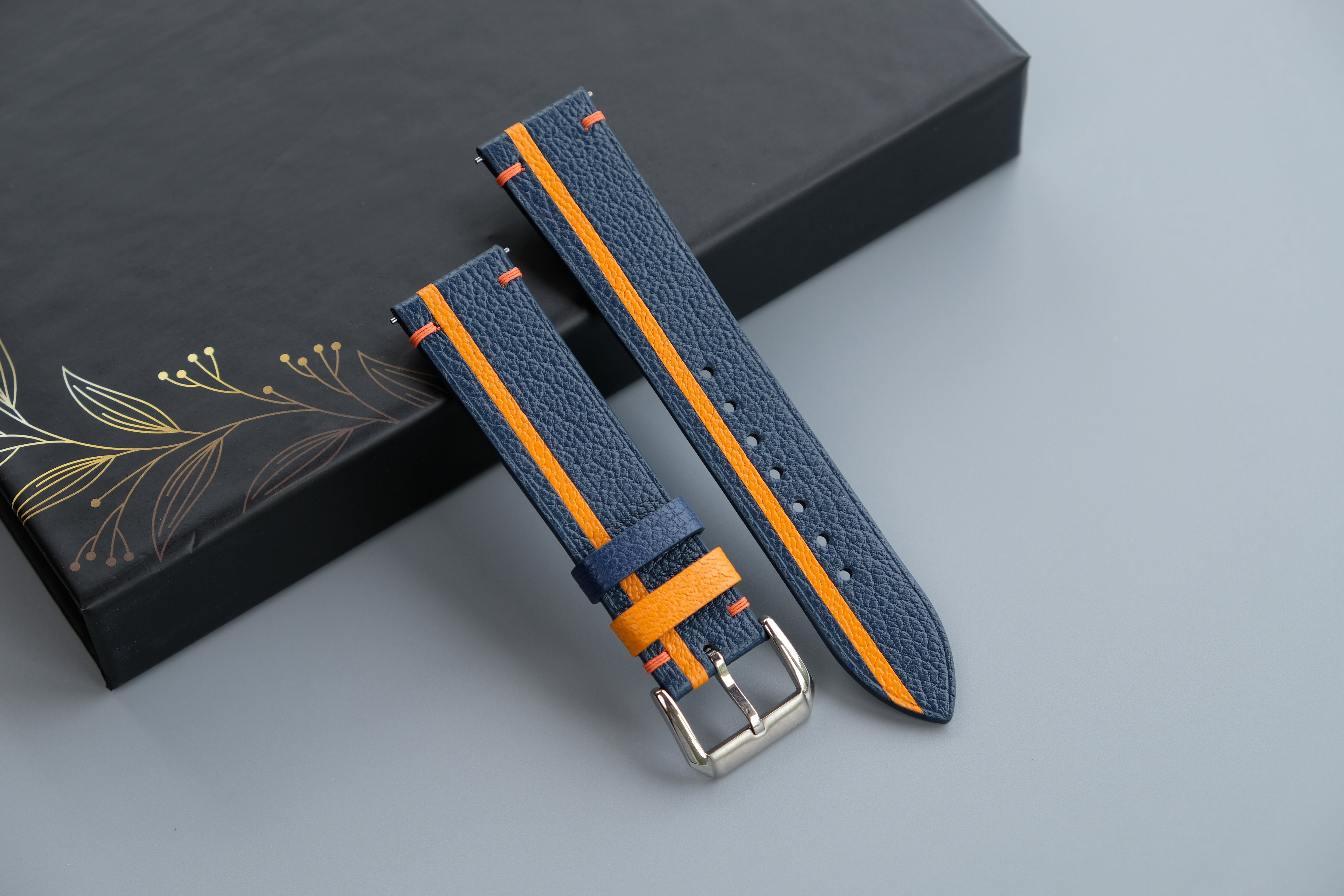 Two-Tone Navy And Orange Leather Watch Strap | Chevre Sully French Leather | Handmade | Custom Sizes 26mm–16mm