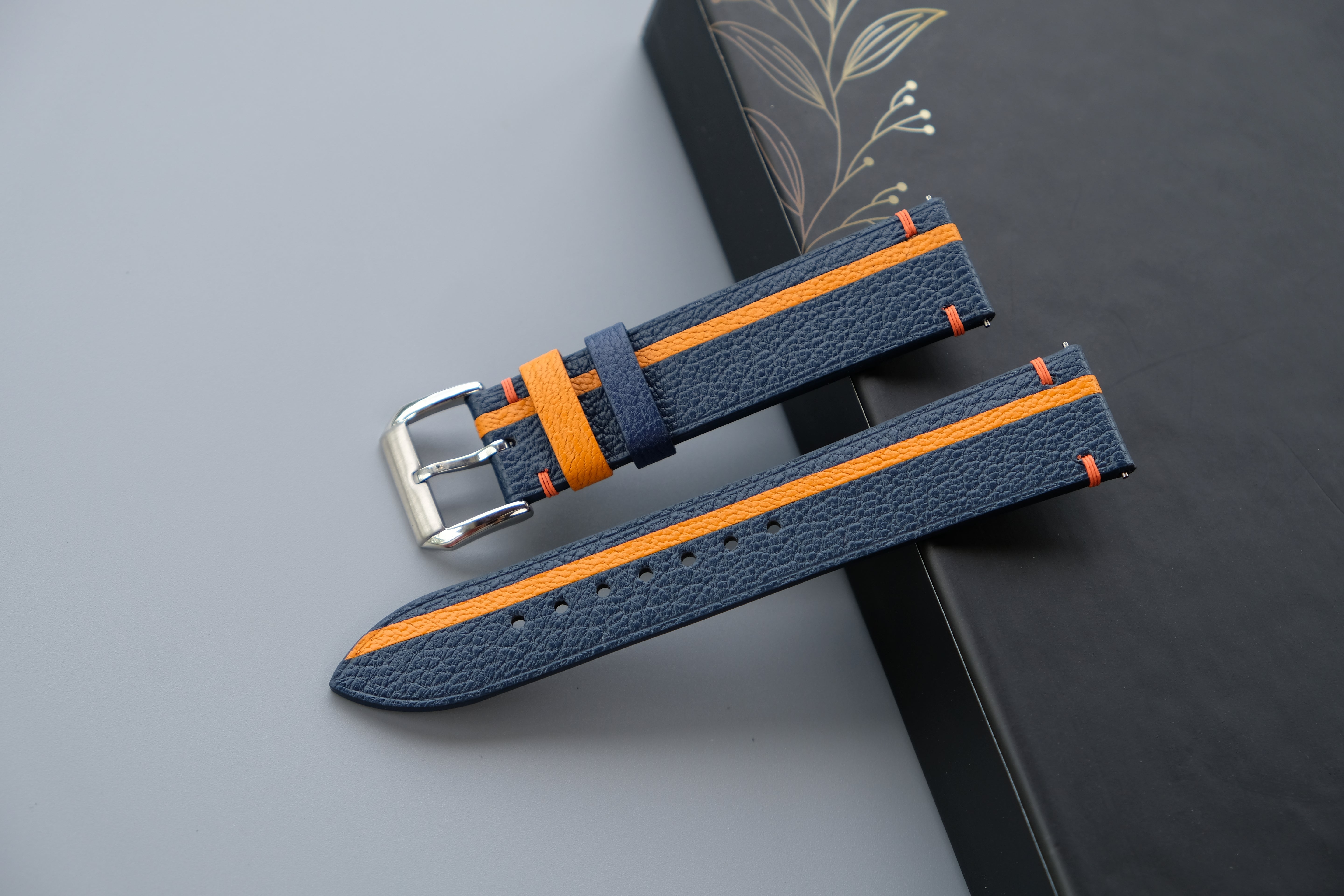 Two-Tone Navy And Orange Leather Watch Strap | Chevre Sully French Leather | Handmade | Custom Sizes 26mm–16mm