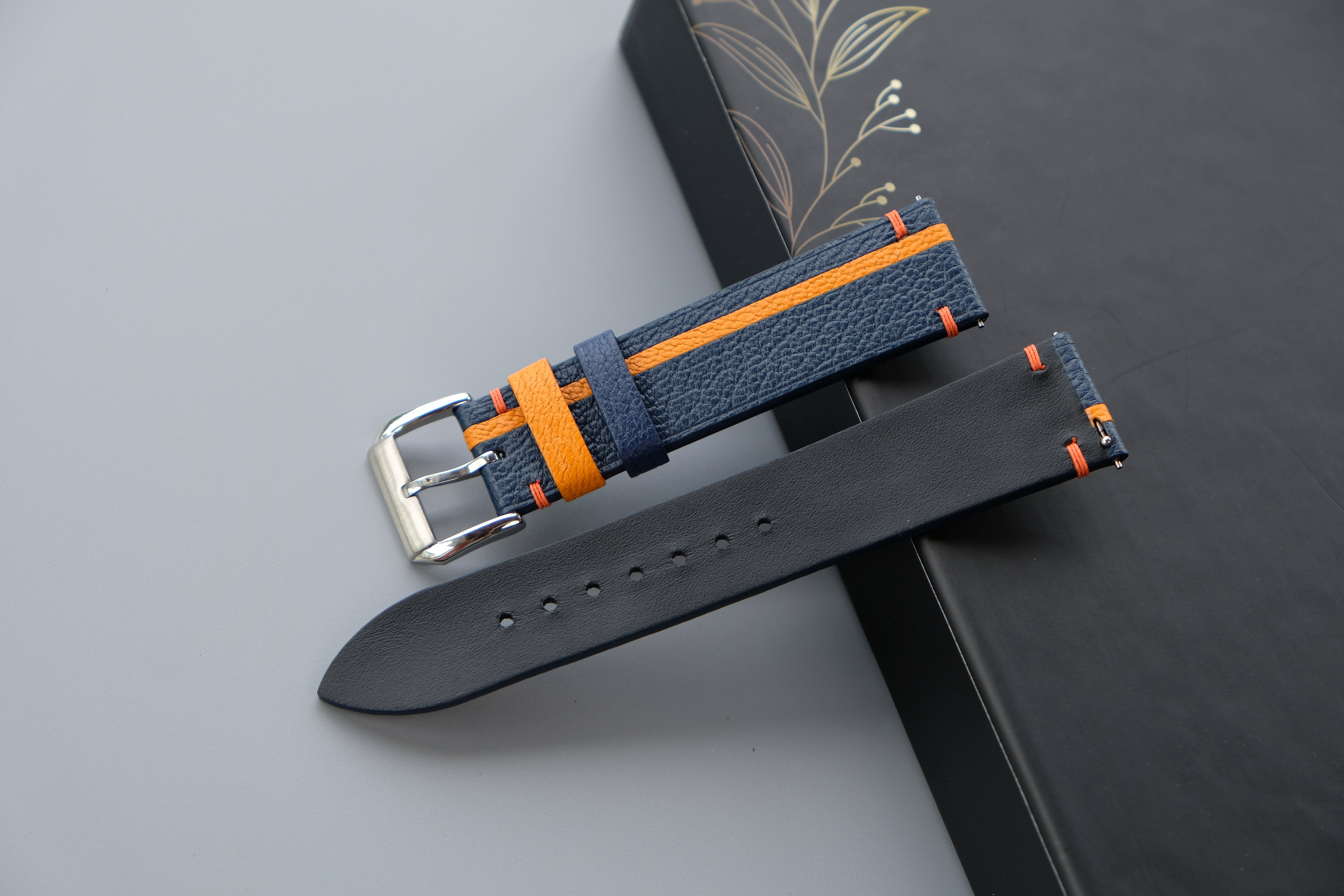 Two-Tone Navy And Orange Leather Watch Strap | Chevre Sully French Leather | Handmade | Custom Sizes 26mm–16mm