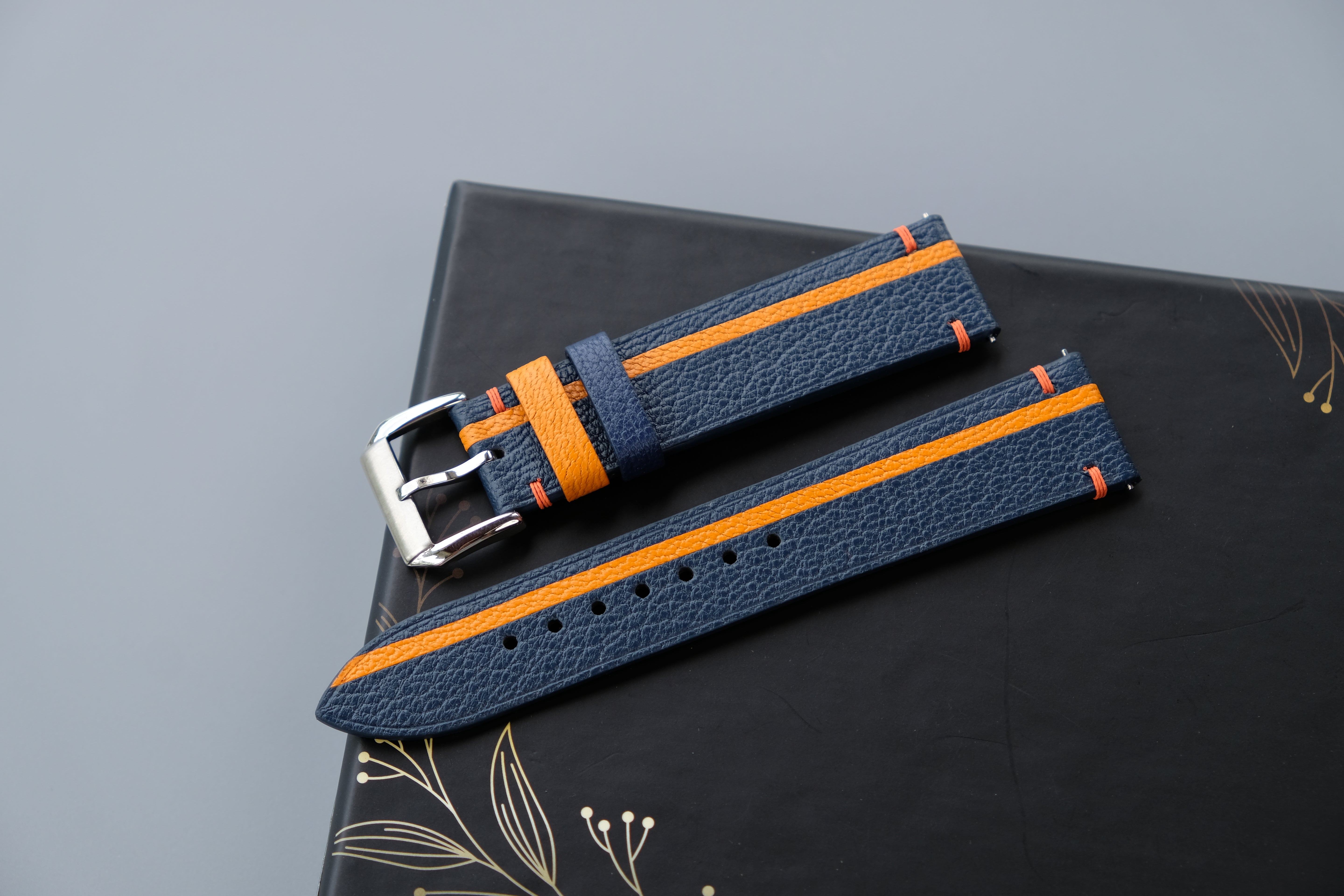 Two-Tone Navy And Orange Leather Watch Strap | Chevre Sully French Leather | Handmade | Custom Sizes 26mm–16mm