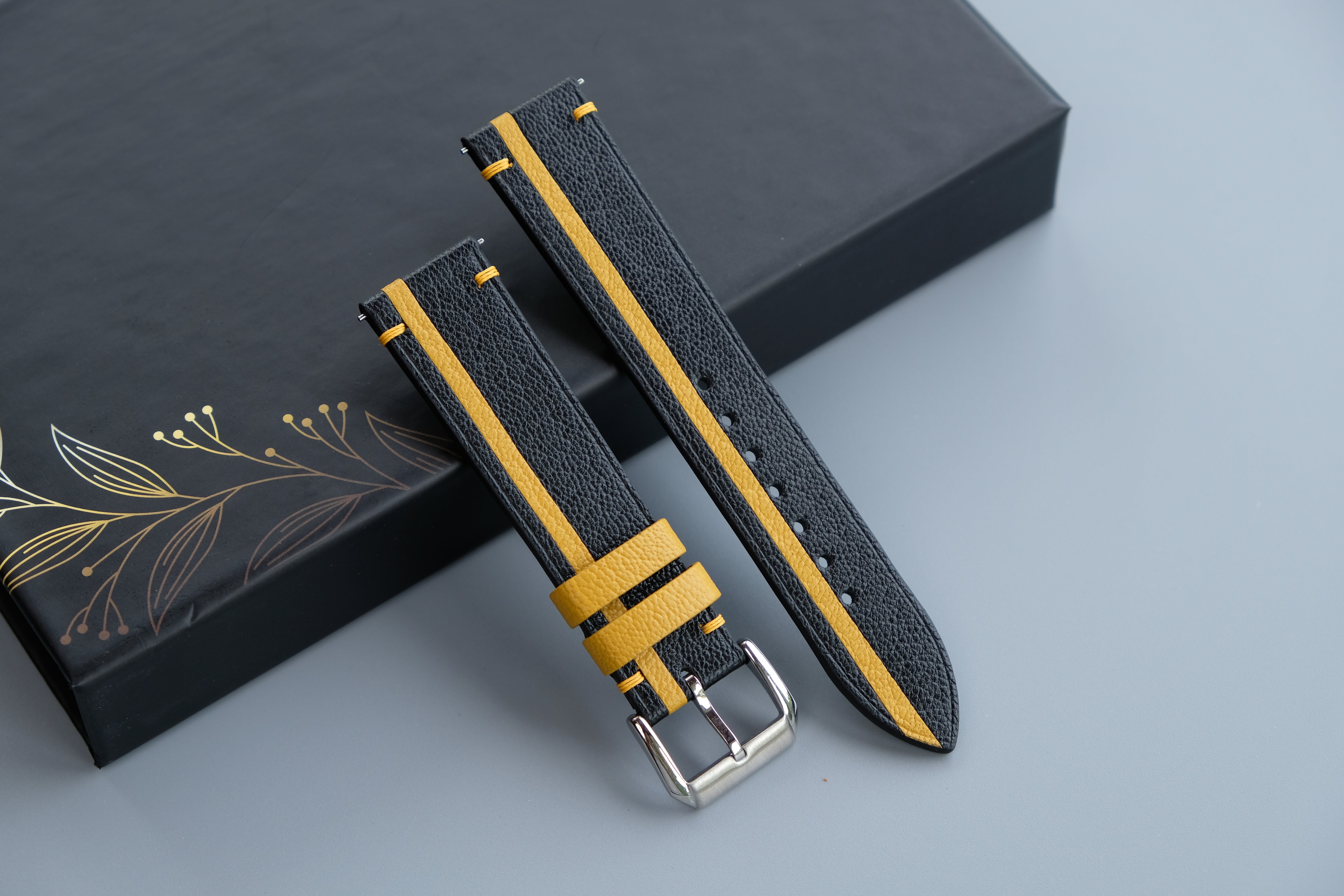 Two-Tone Black and Yellow Leather Watch Strap | Chevre Sully French Leather | Handmade | Custom Sizes 26mm–16mm