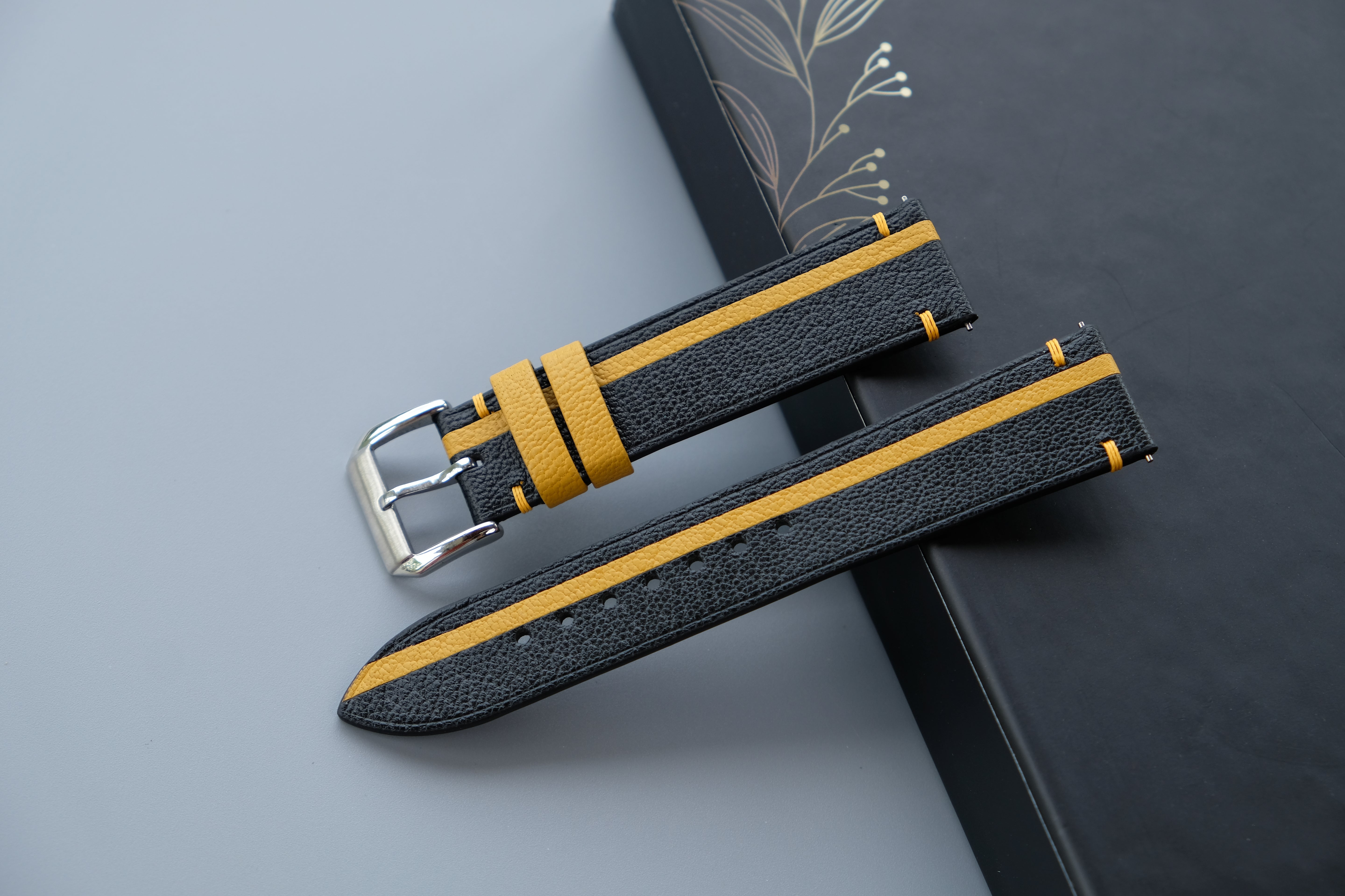 Two-Tone Black and Yellow Leather Watch Strap | Chevre Sully French Leather | Handmade | Custom Sizes 26mm–16mm